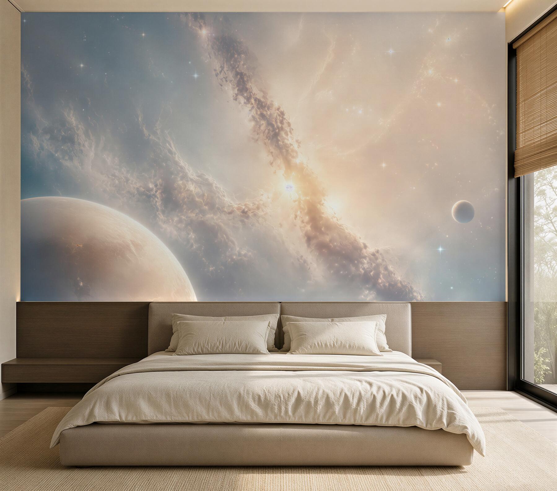 Fototapeta kosmos z planetami i mgławicą w jasnych pastelach?v23