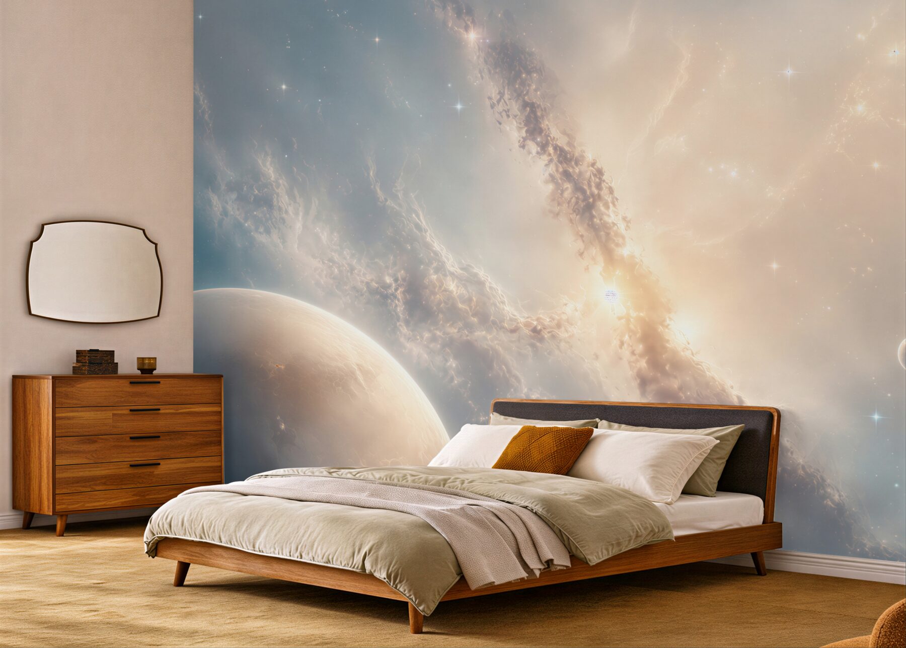 Fototapeta kosmos z planetami i mgławicą w jasnych pastelach?v23