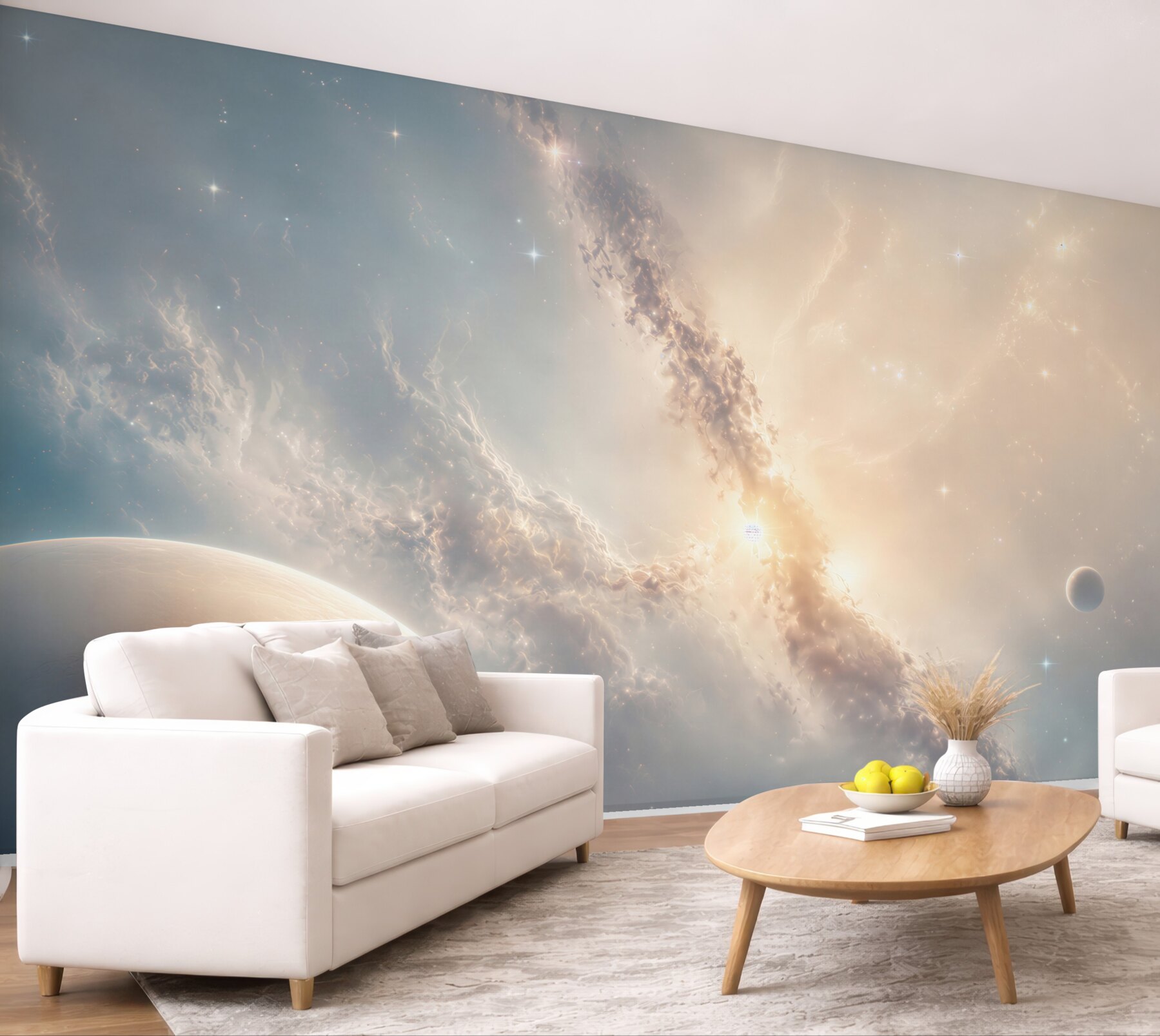 Fototapeta kosmos z planetami i mgławicą w jasnych pastelach?v23