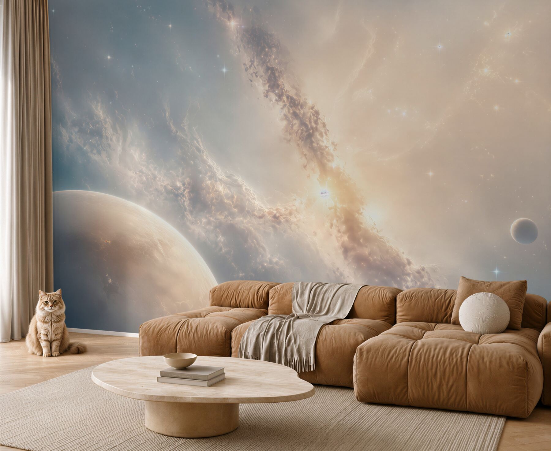 Fototapeta kosmos z planetami i mgławicą w jasnych pastelach?v23