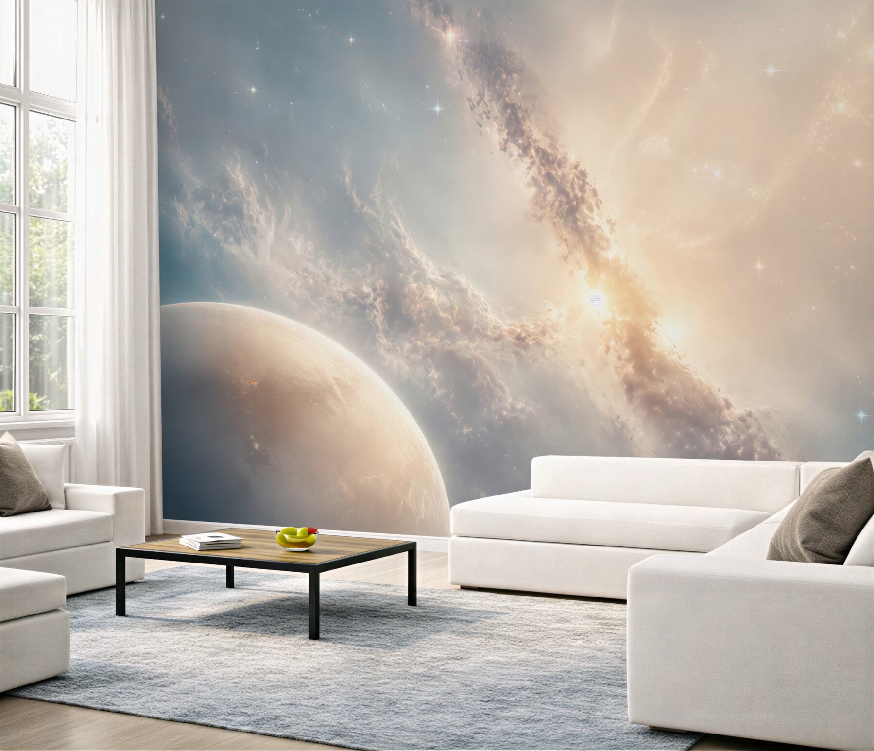 Fototapeta kosmos z planetami i mgławicą w jasnych pastelach?v23