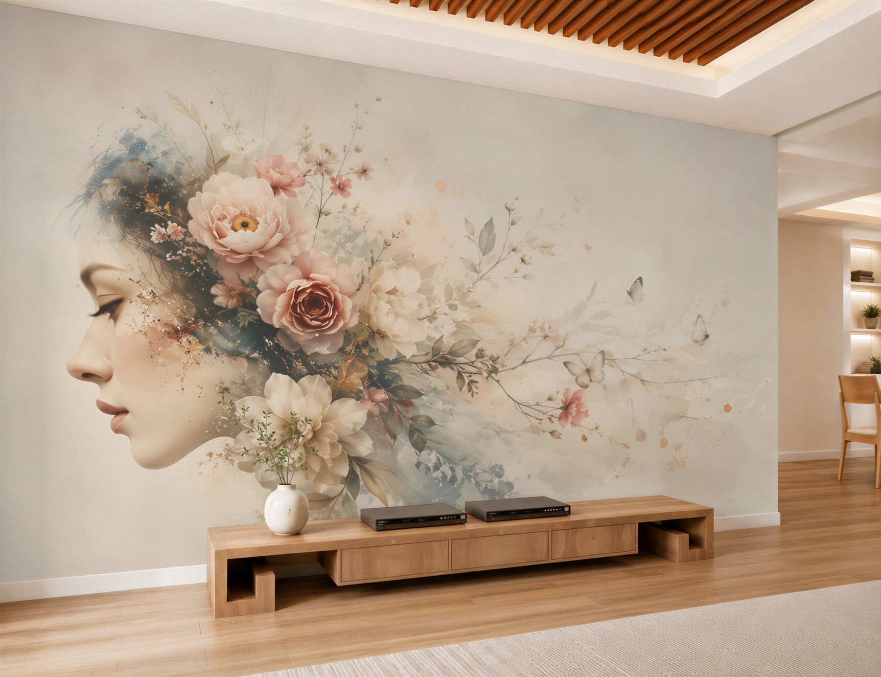 Fototapeta kobieta z kwiatami i motylami subtelna pastelowa kompozycja