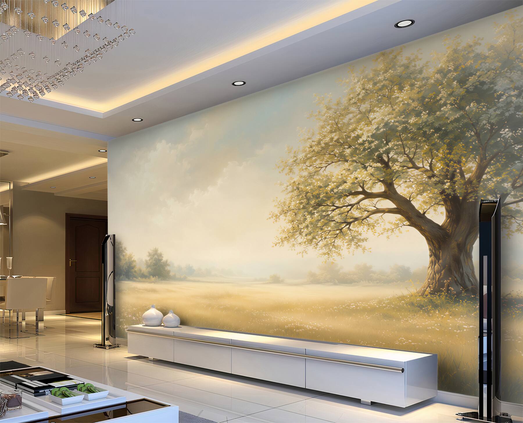 Fototapeta samotne drzewo na łące w promieniach słońca pastelowy pejzaż?v23
