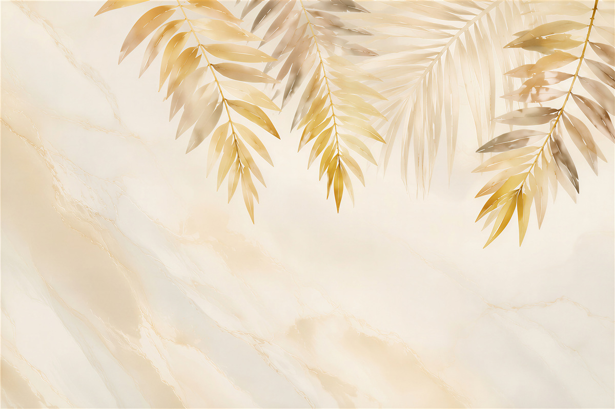 Fototapeta złote liście palmowe na jasnym marmurze elegancka tropical