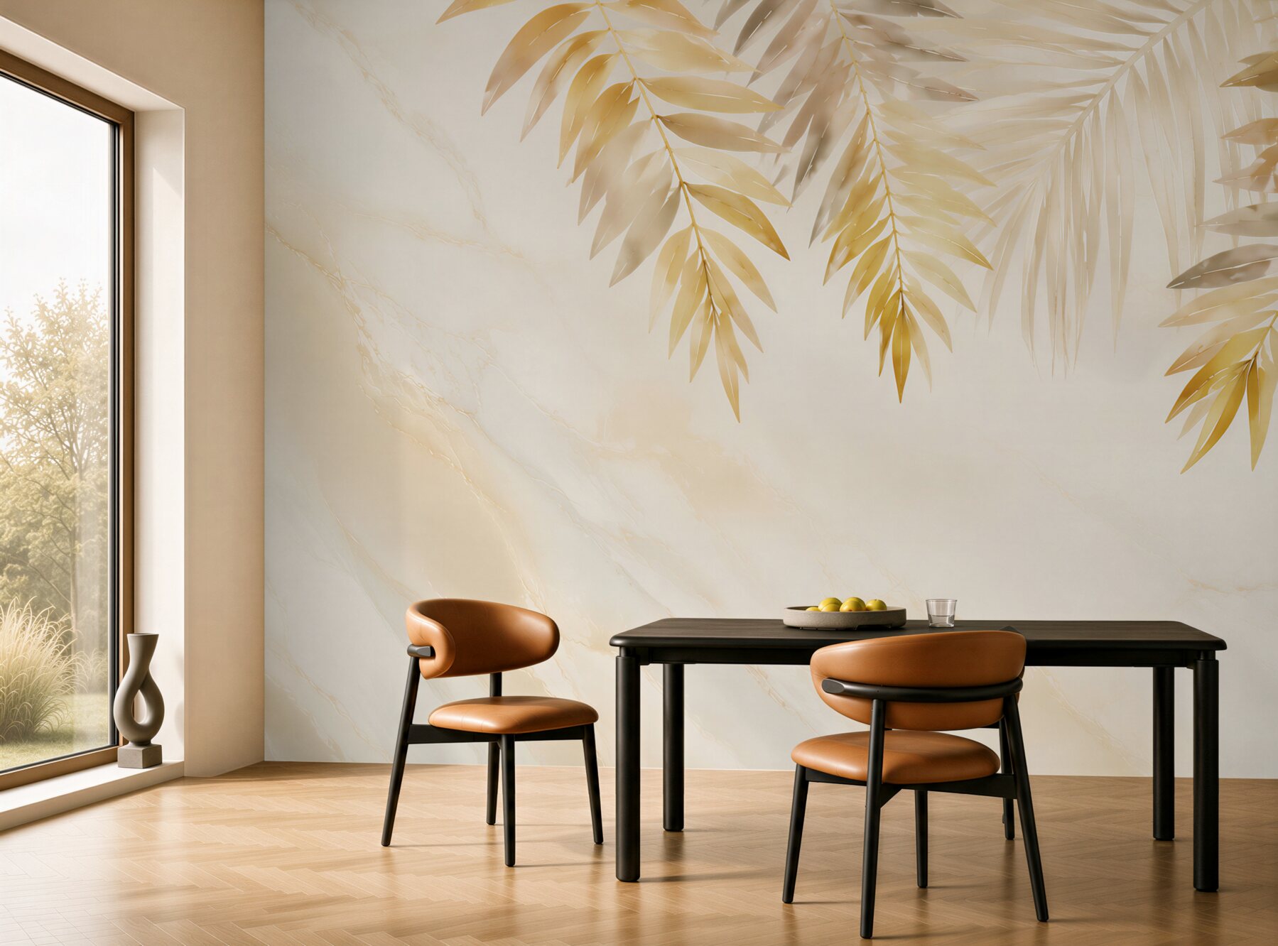 Fototapeta złote liście palmowe na jasnym marmurze elegancka tropical?v23