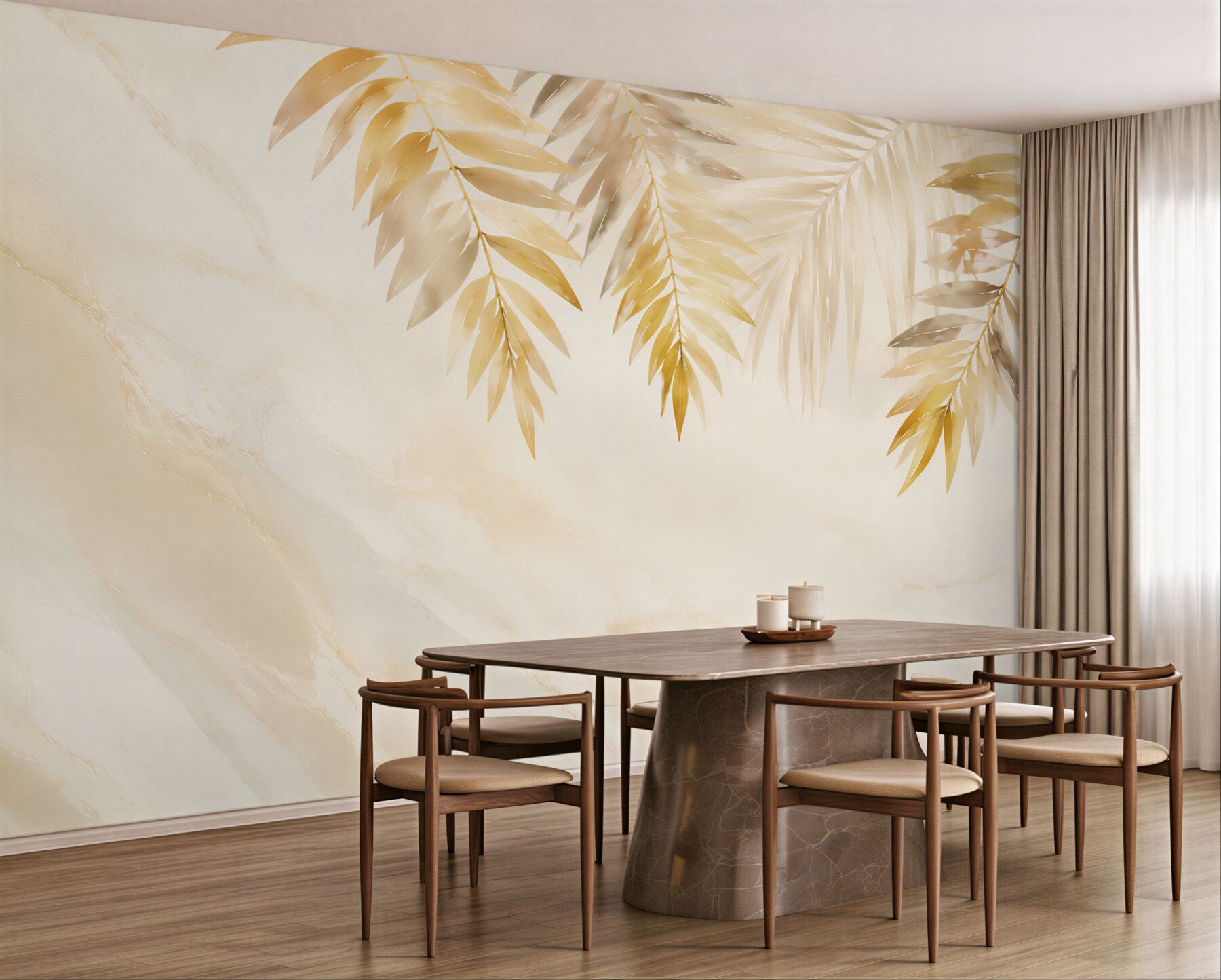 Fototapeta złote liście palmowe na jasnym marmurze elegancka tropical?v23