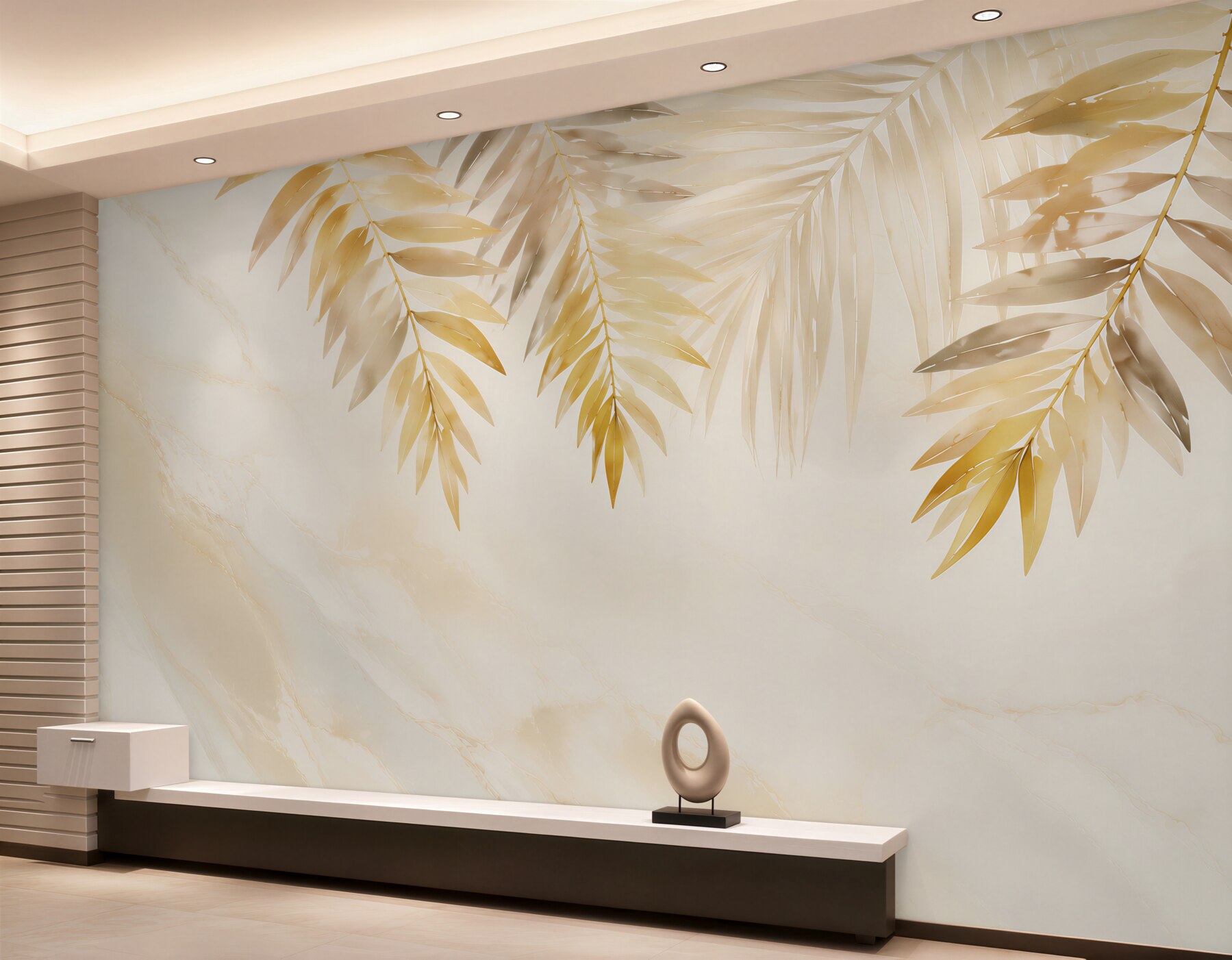 Fototapeta złote liście palmowe na jasnym marmurze elegancka tropical?v23