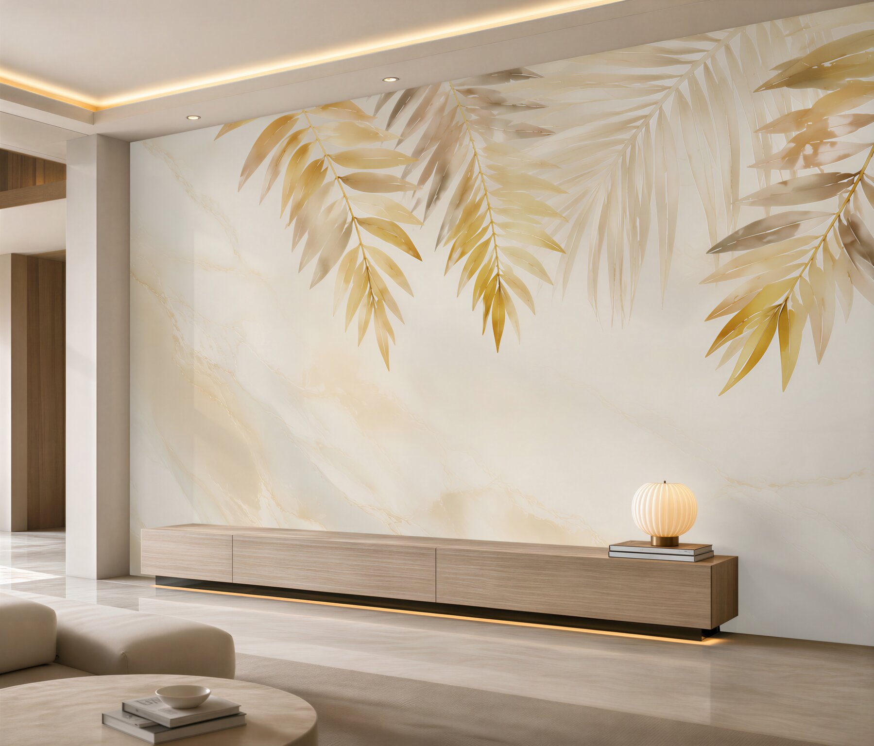 Fototapeta złote liście palmowe na jasnym marmurze elegancka tropical?v23