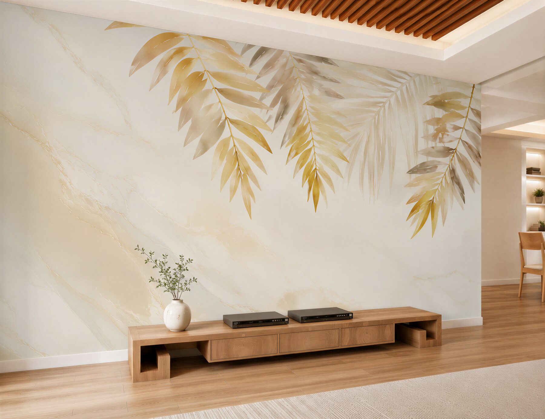 Fototapeta złote liście palmowe na jasnym marmurze elegancka tropical
