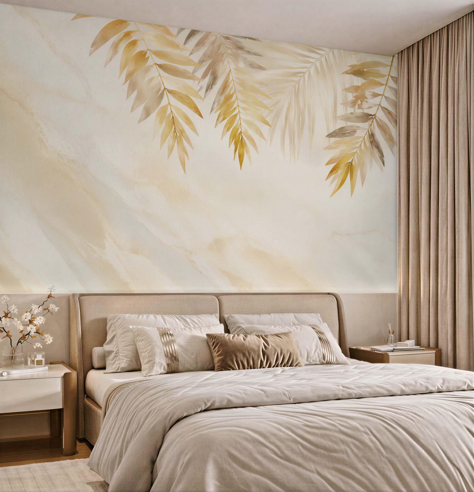 Fototapeta złote liście palmowe na jasnym marmurze elegancka tropical?v23