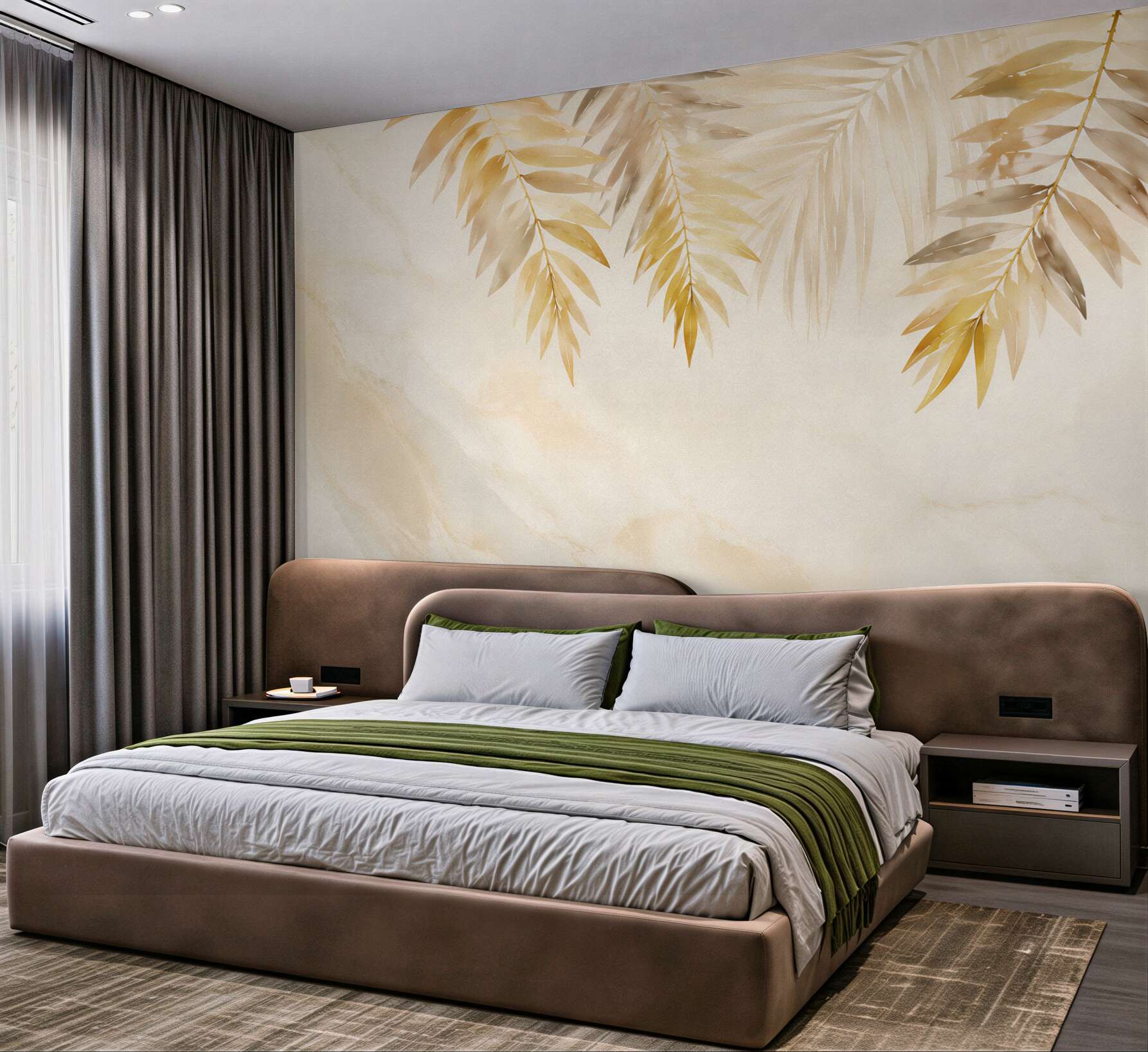 Fototapeta złote liście palmowe na jasnym marmurze elegancka tropical?v23