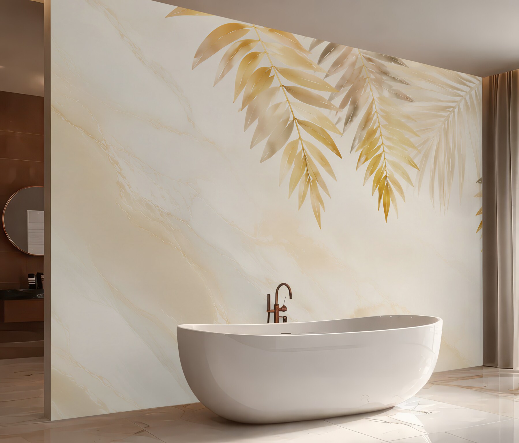 Fototapeta złote liście palmowe na jasnym marmurze elegancka tropical?v23