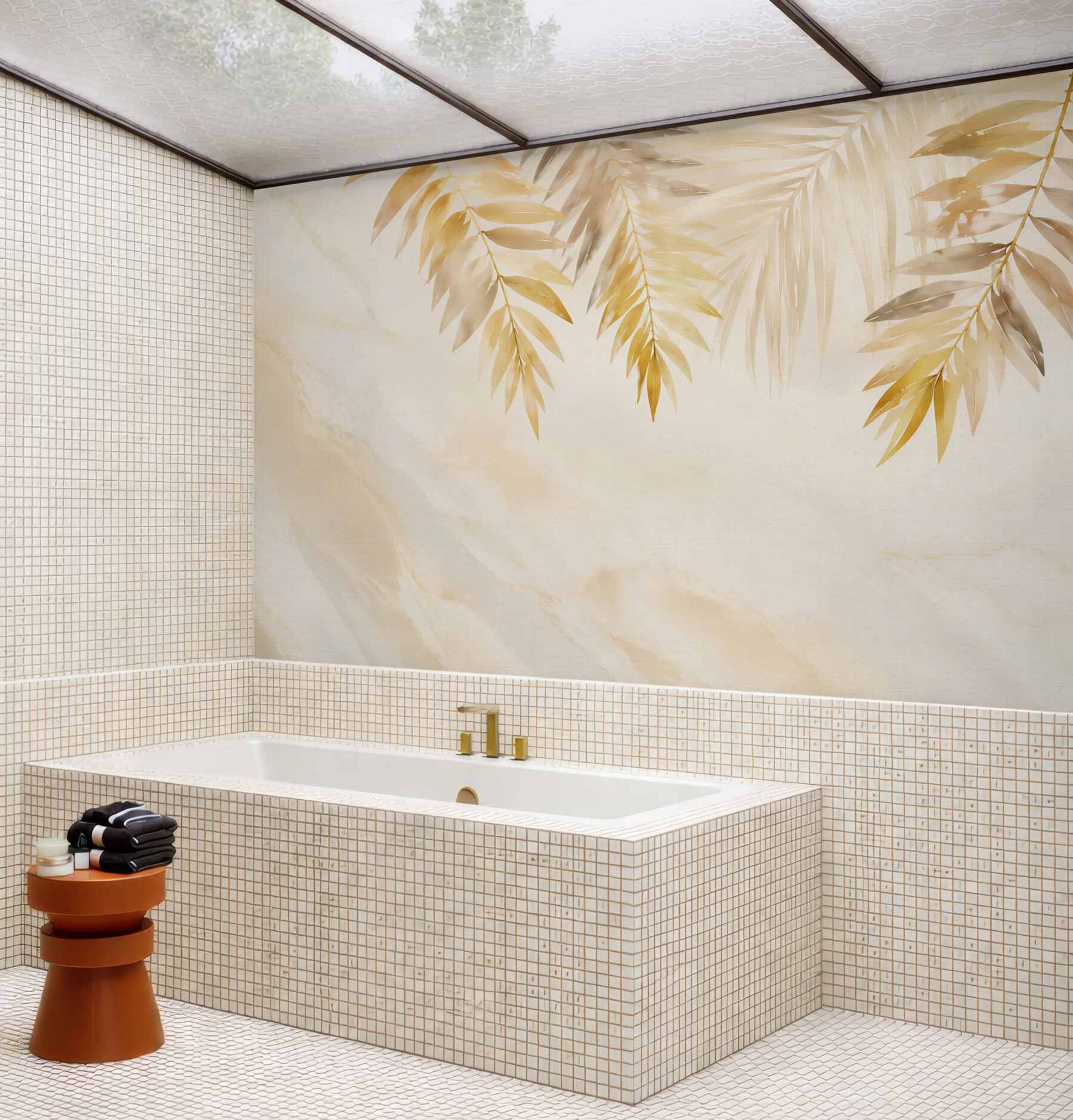 Fototapeta złote liście palmowe na jasnym marmurze elegancka tropical?v23