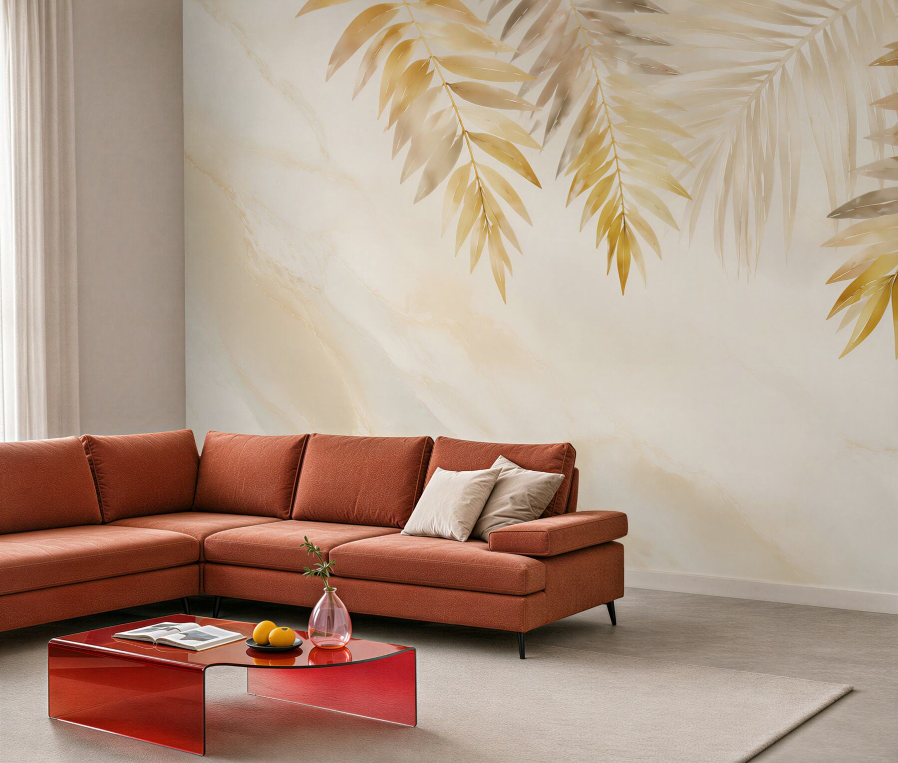 Fototapeta złote liście palmowe na jasnym marmurze elegancka tropical?v23