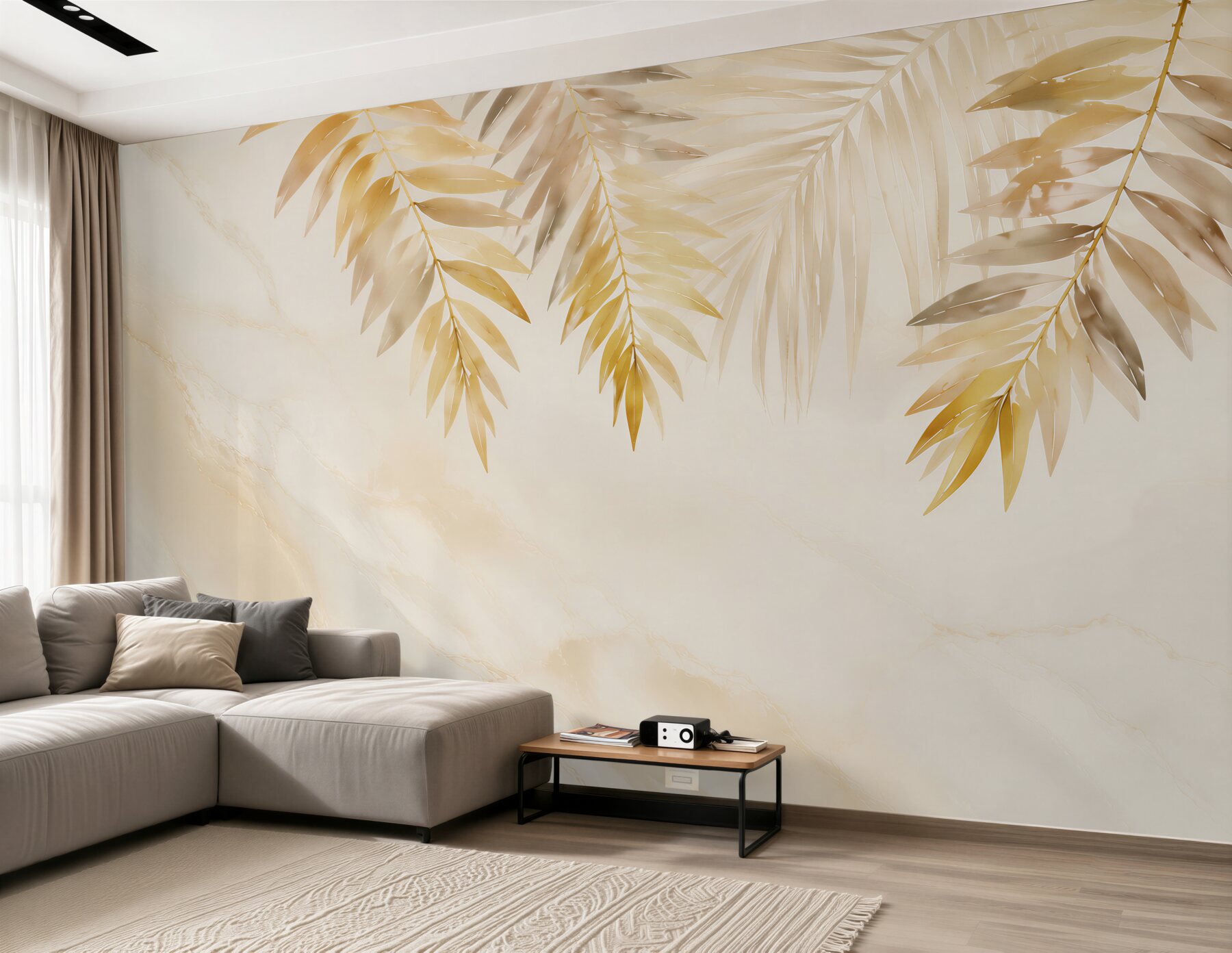 Fototapeta złote liście palmowe na jasnym marmurze elegancka tropical?v23