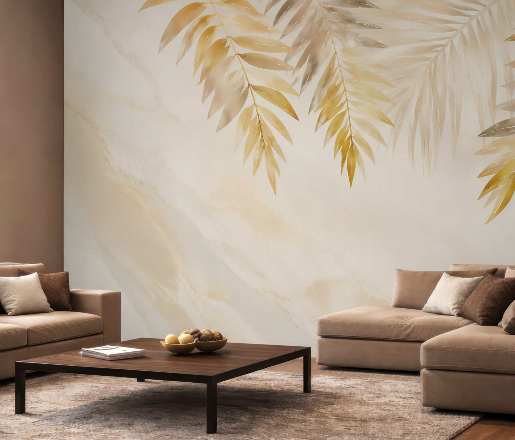 Fototapeta złote liście palmowe na jasnym marmurze elegancka tropical?v23