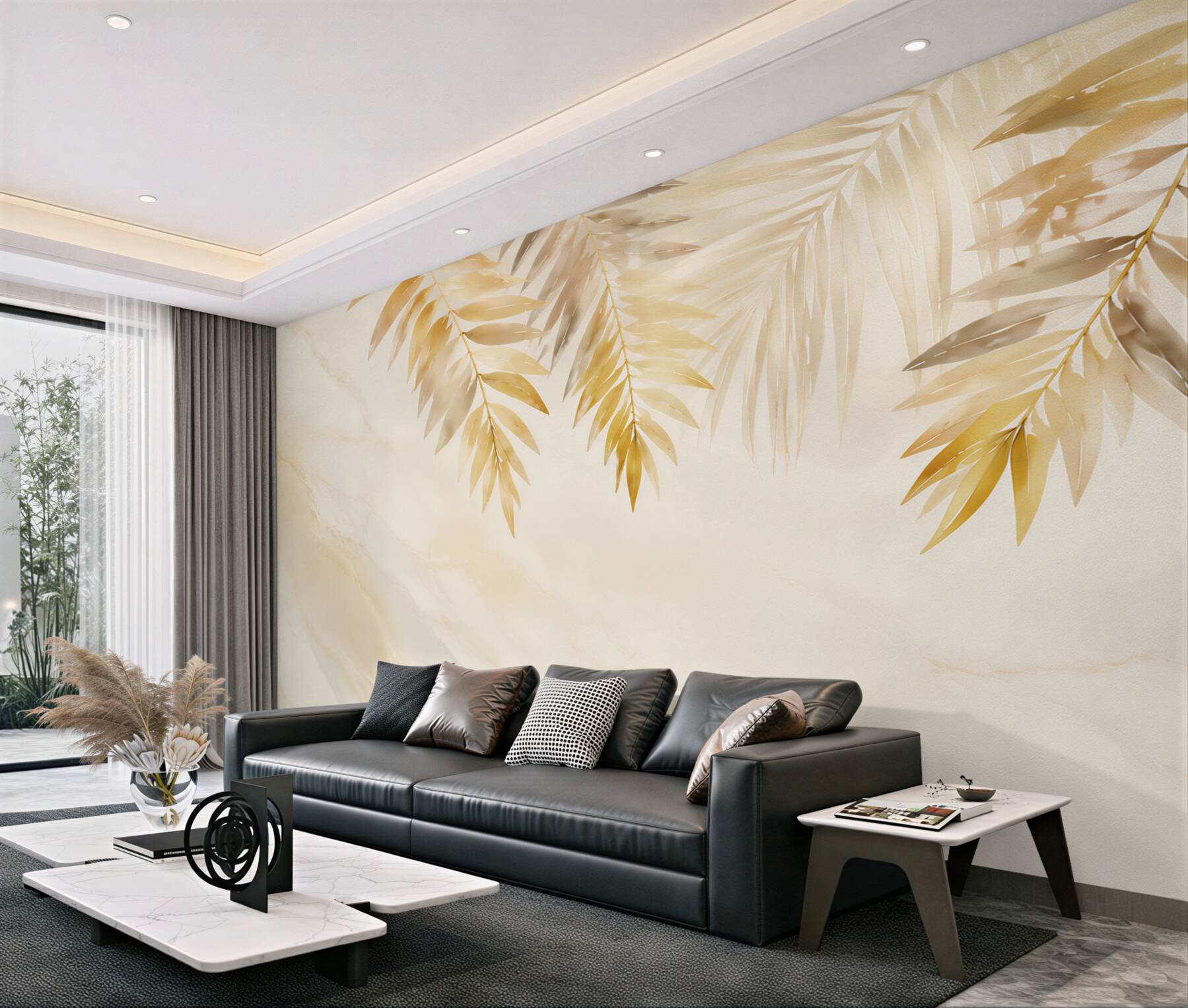 Fototapeta złote liście palmowe na jasnym marmurze elegancka tropical?v23