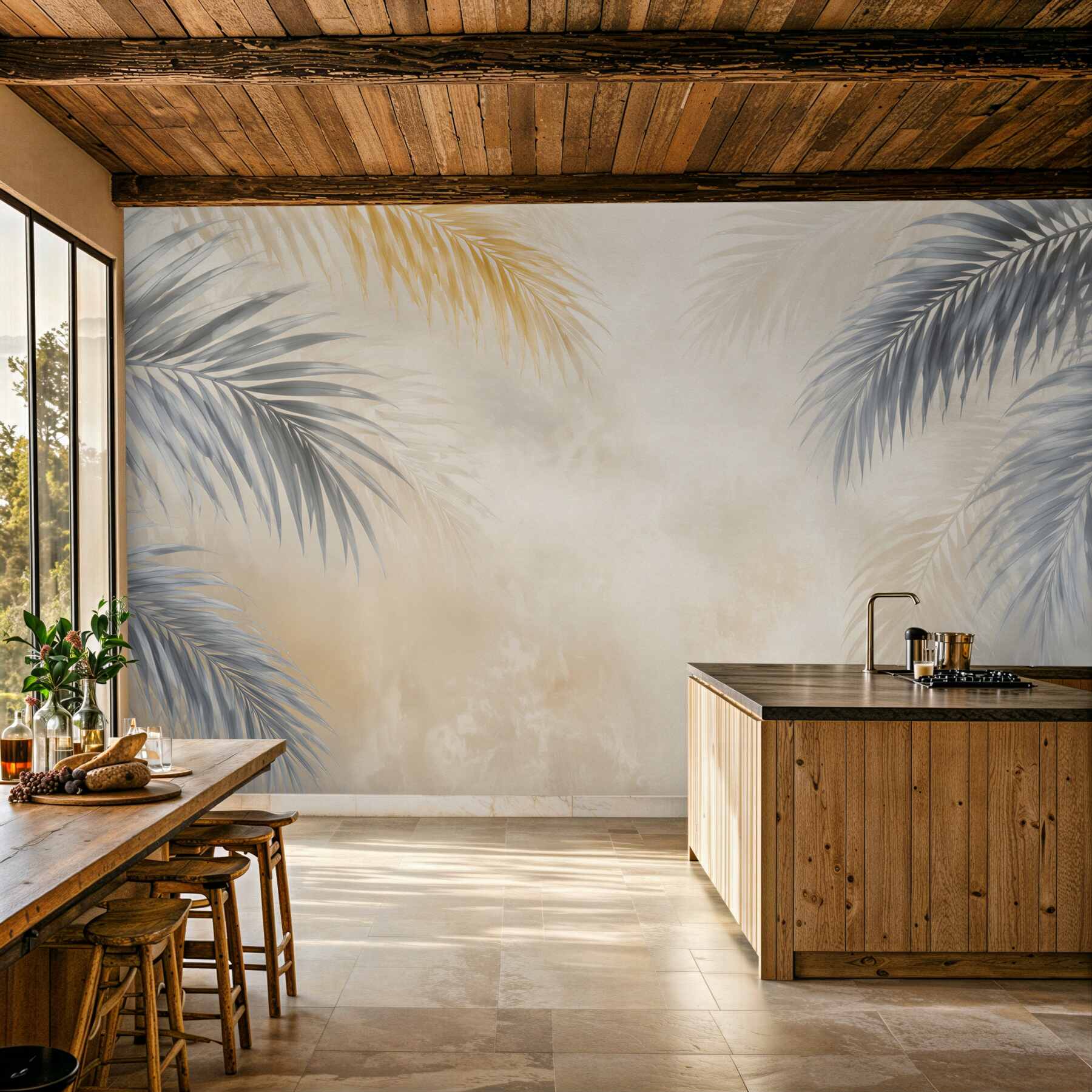 Fototapeta szare liście palmowe z beżowym tłem nowoczesny styl tropical?v23