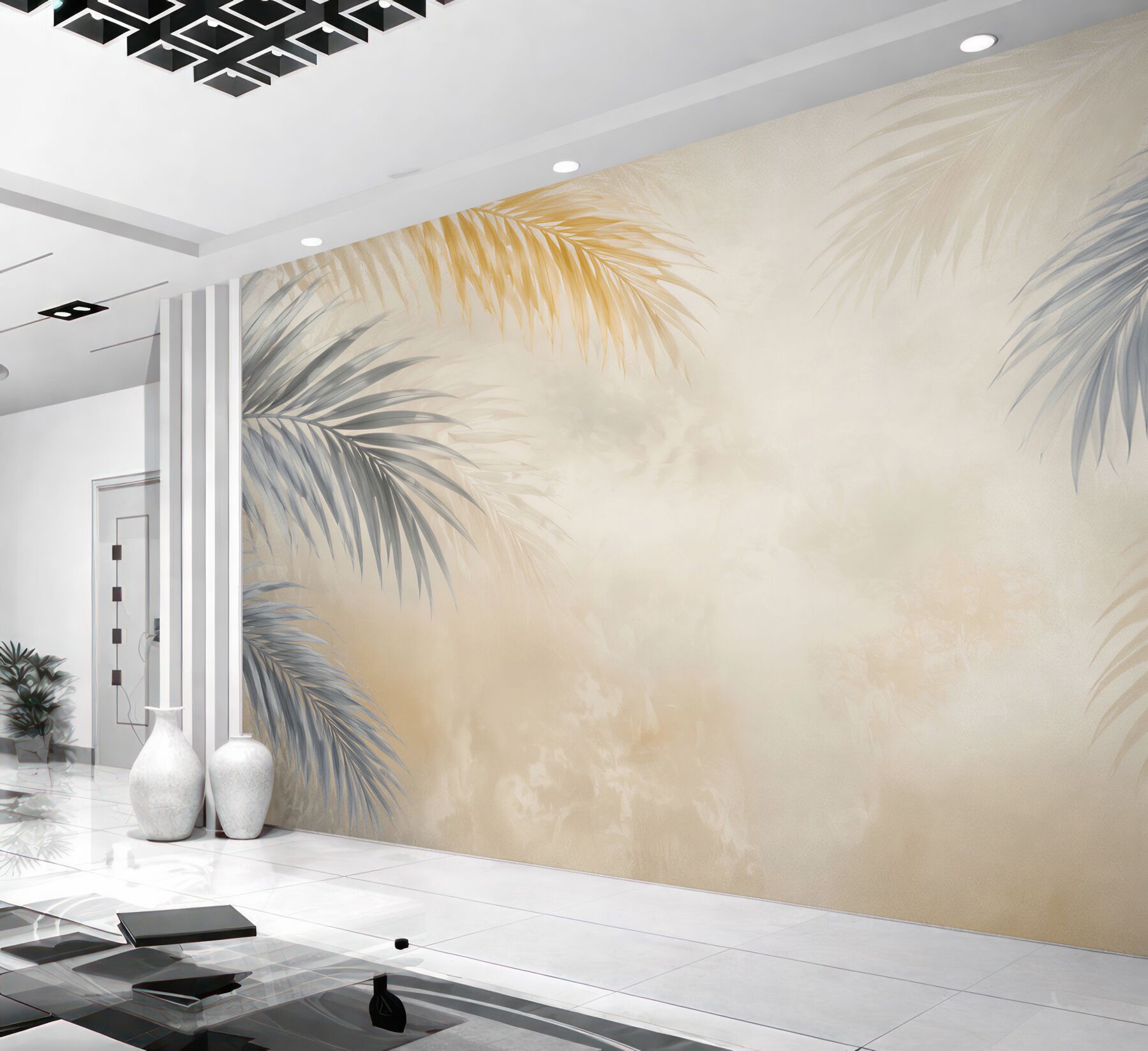 Fototapeta szare liście palmowe z beżowym tłem nowoczesny styl tropical?v23