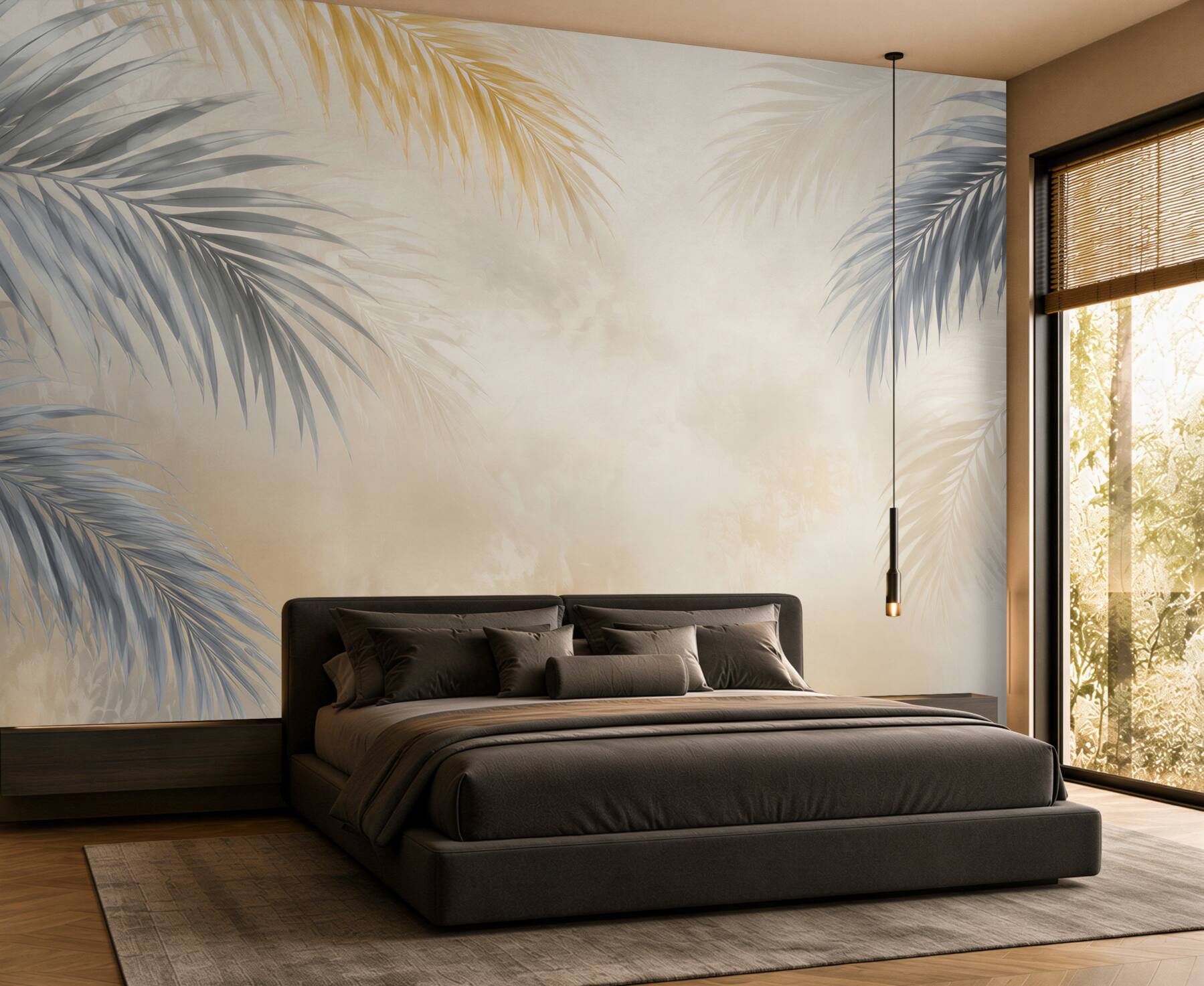 Fototapeta szare liście palmowe z beżowym tłem nowoczesny styl tropical?v23