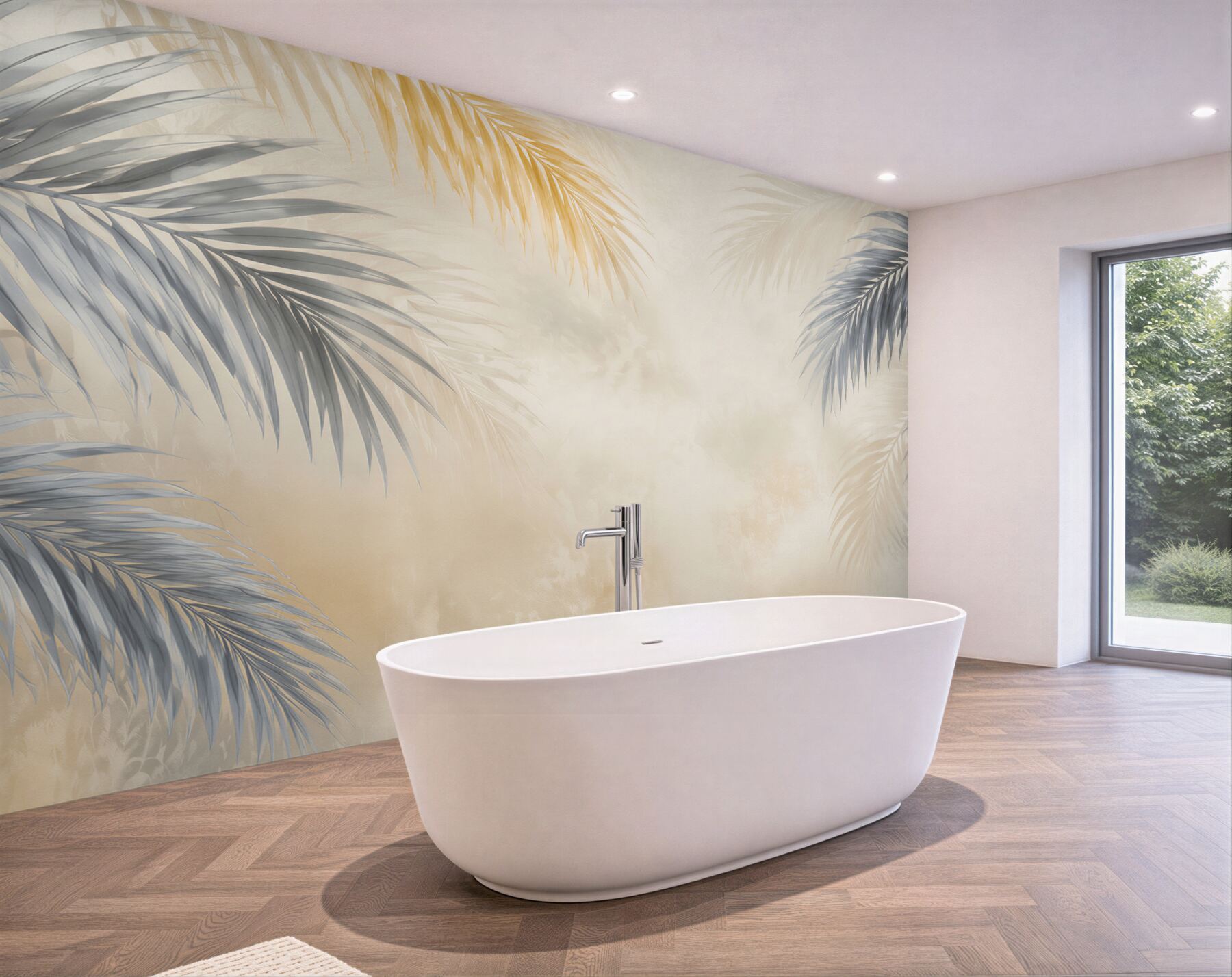 Fototapeta szare liście palmowe z beżowym tłem nowoczesny styl tropical?v23