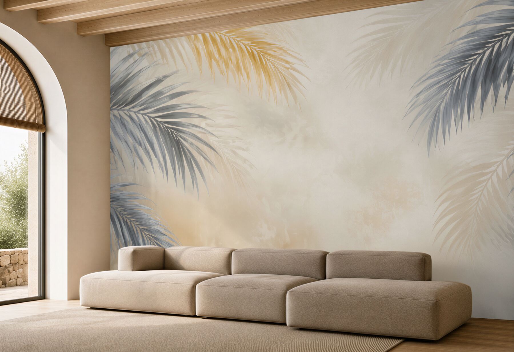Fototapeta szare liście palmowe z beżowym tłem nowoczesny styl tropical?v23