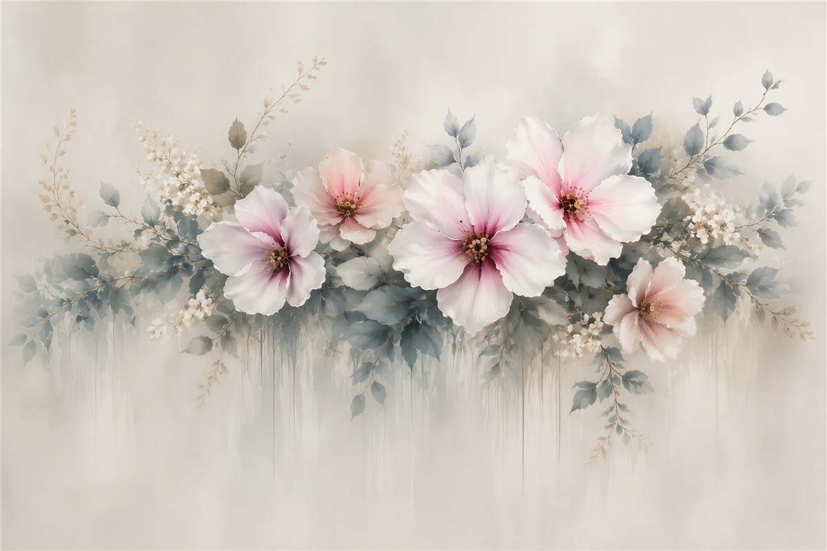 Fototapeta duże kwiaty hibiskusa pudrowy róż i szare liście elegancka
