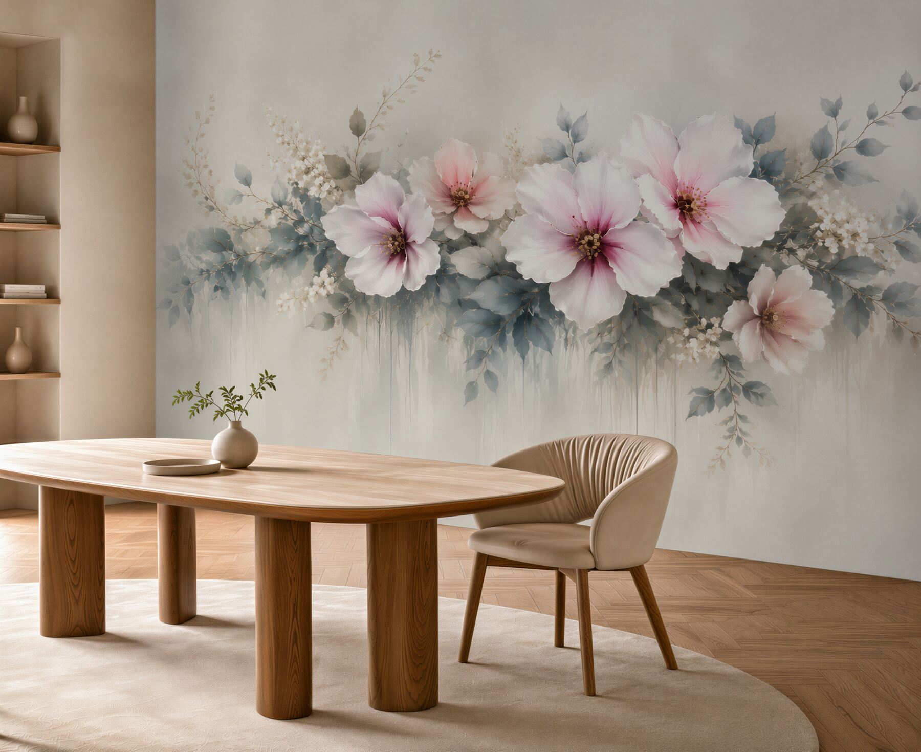 Fototapeta duże kwiaty hibiskusa pudrowy róż i szare liście elegancka?v23