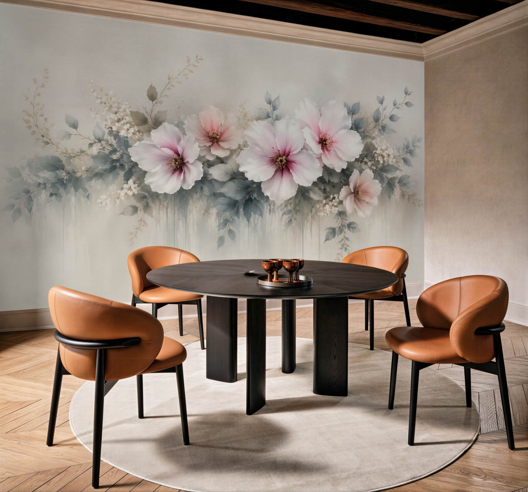 Fototapeta duże kwiaty hibiskusa pudrowy róż i szare liście elegancka?v23