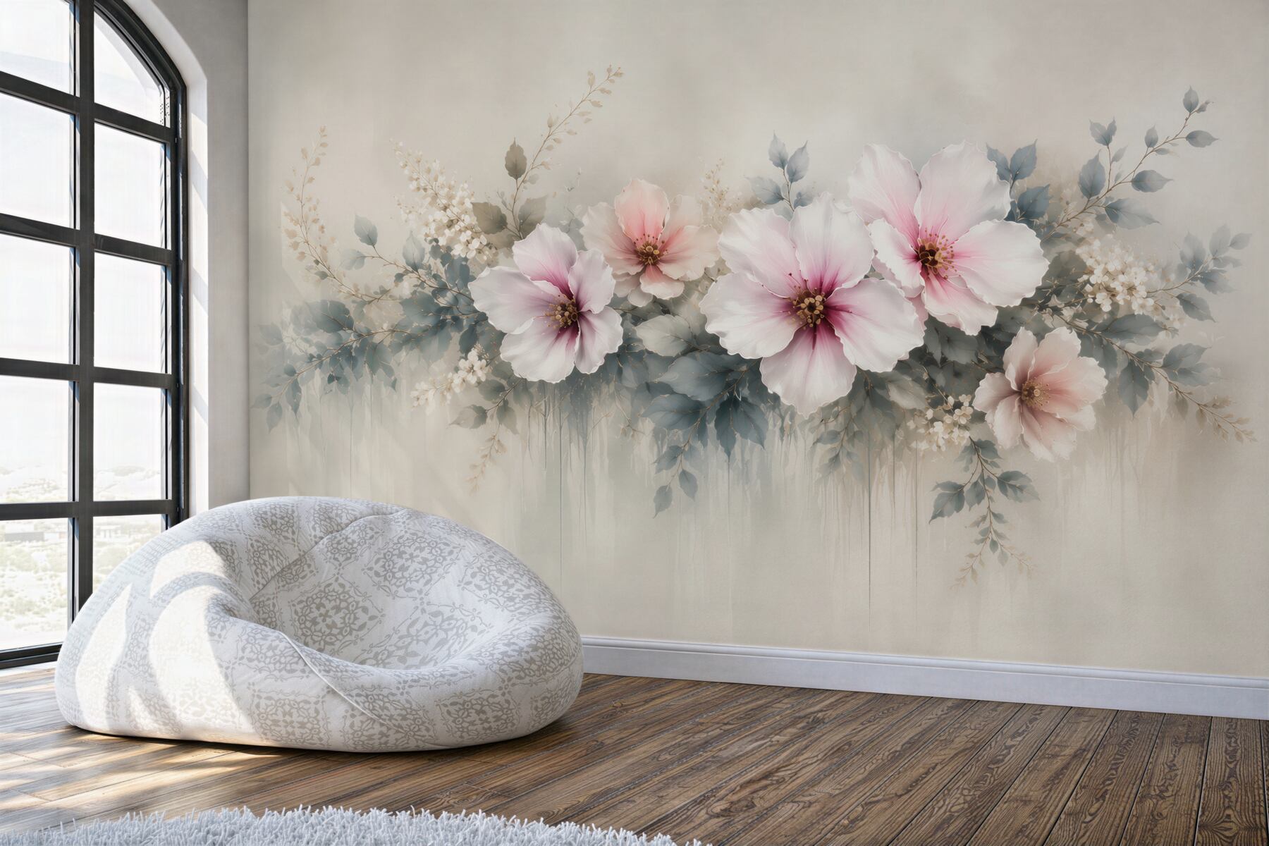 Fototapeta duże kwiaty hibiskusa pudrowy róż i szare liście elegancka?v23