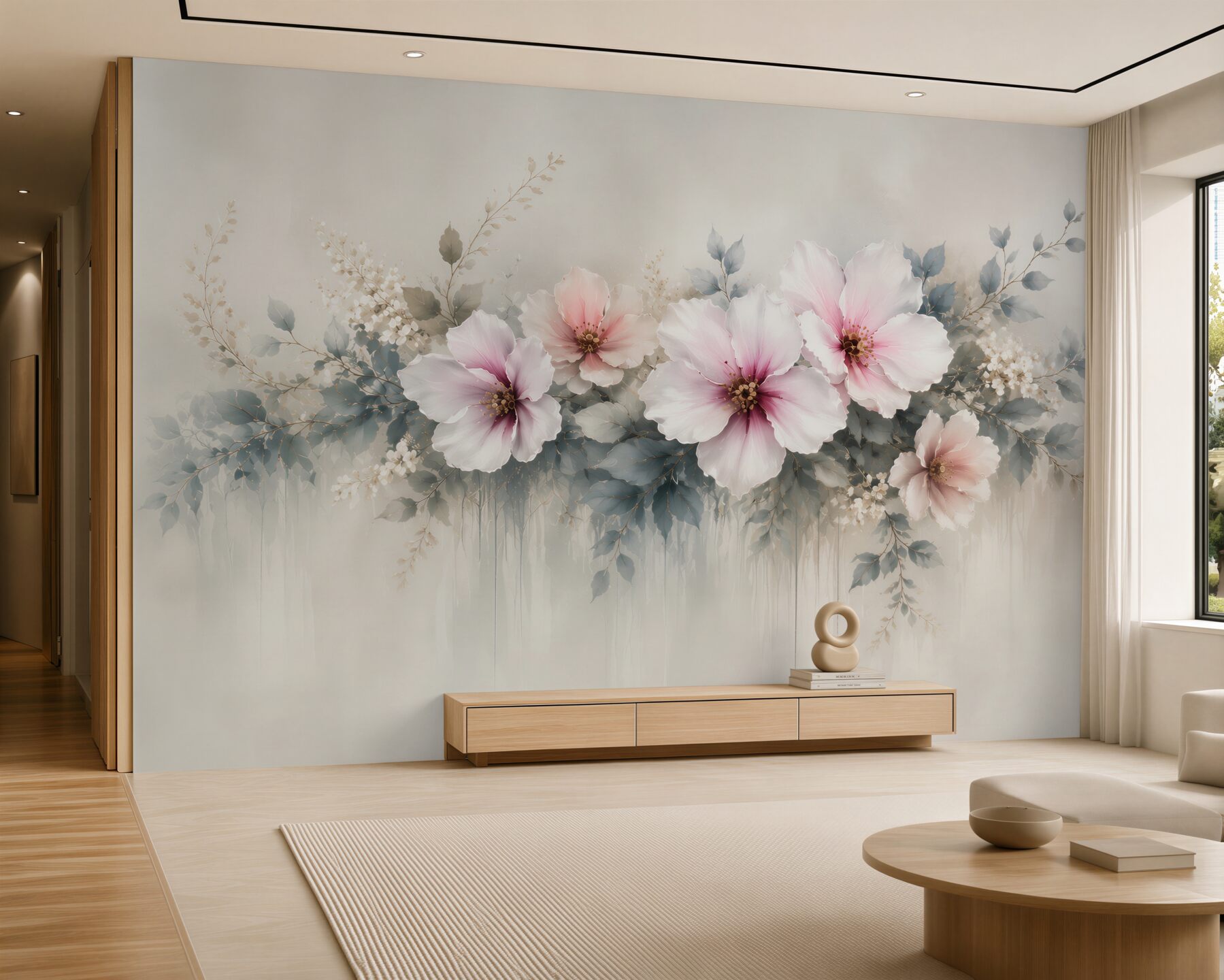 Fototapeta duże kwiaty hibiskusa pudrowy róż i szare liście elegancka?v23