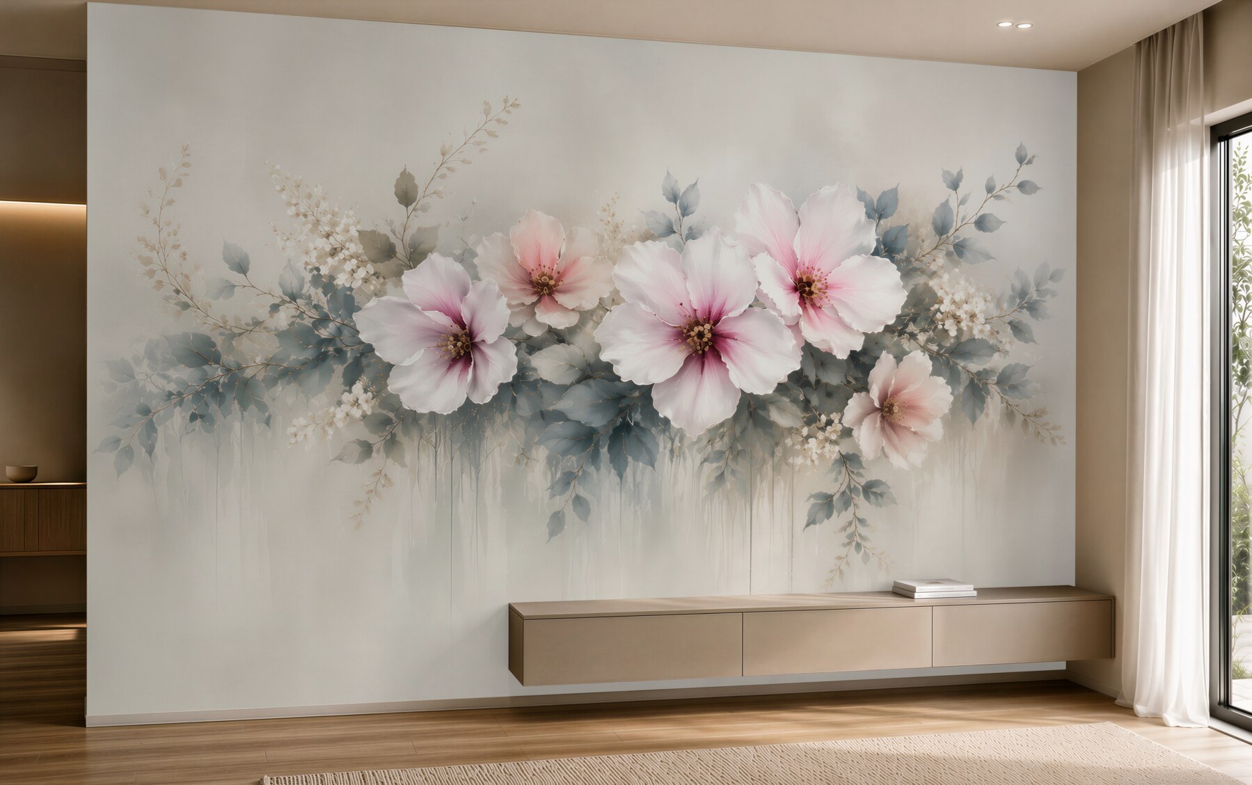 Fototapeta duże kwiaty hibiskusa pudrowy róż i szare liście elegancka?v23