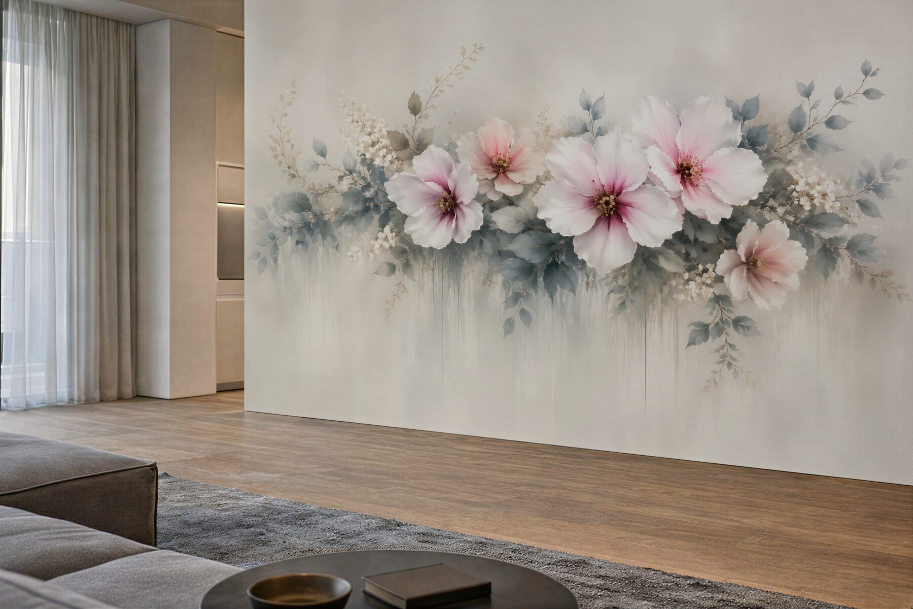 Fototapeta duże kwiaty hibiskusa pudrowy róż i szare liście elegancka?v23
