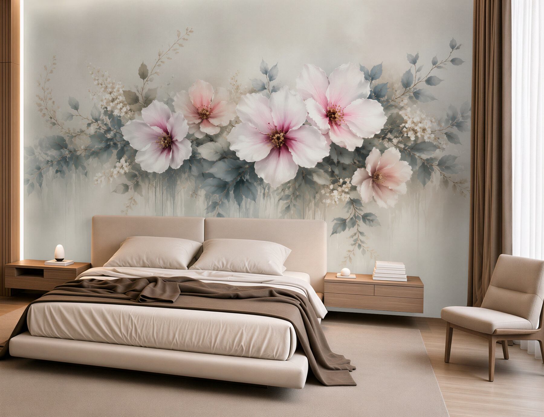 Fototapeta duże kwiaty hibiskusa pudrowy róż i szare liście elegancka?v23