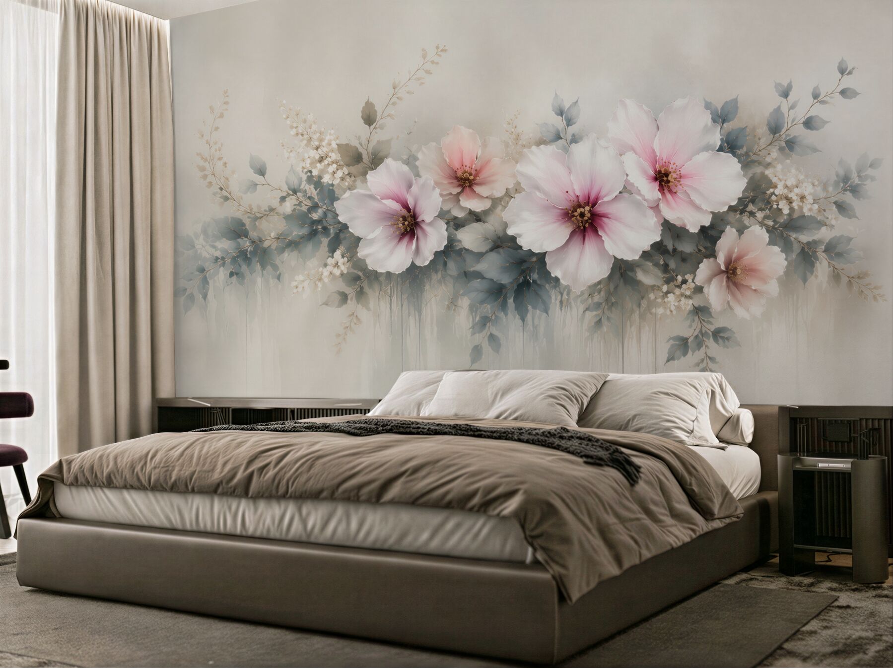 Fototapeta duże kwiaty hibiskusa pudrowy róż i szare liście elegancka?v23