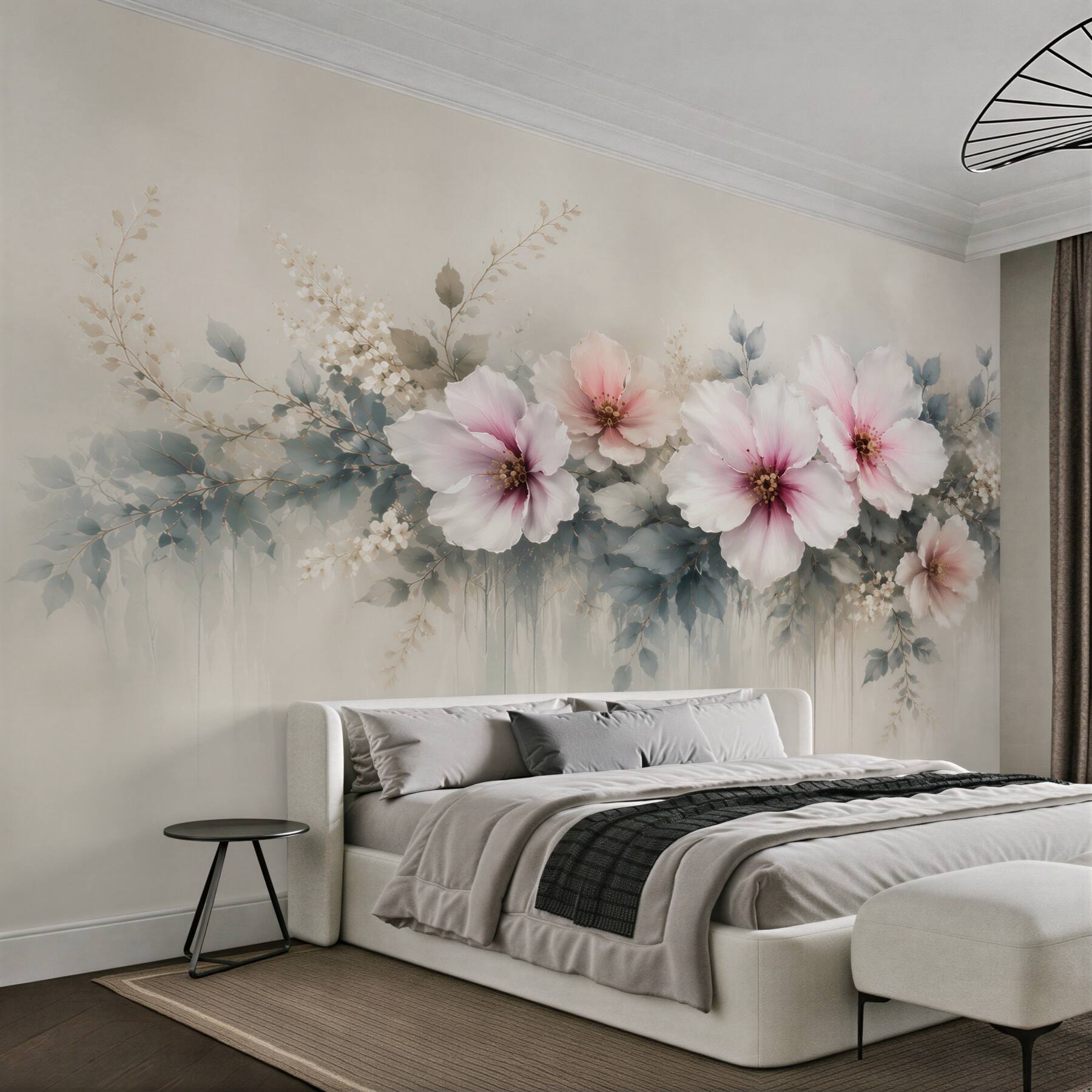 Fototapeta duże kwiaty hibiskusa pudrowy róż i szare liście elegancka?v23
