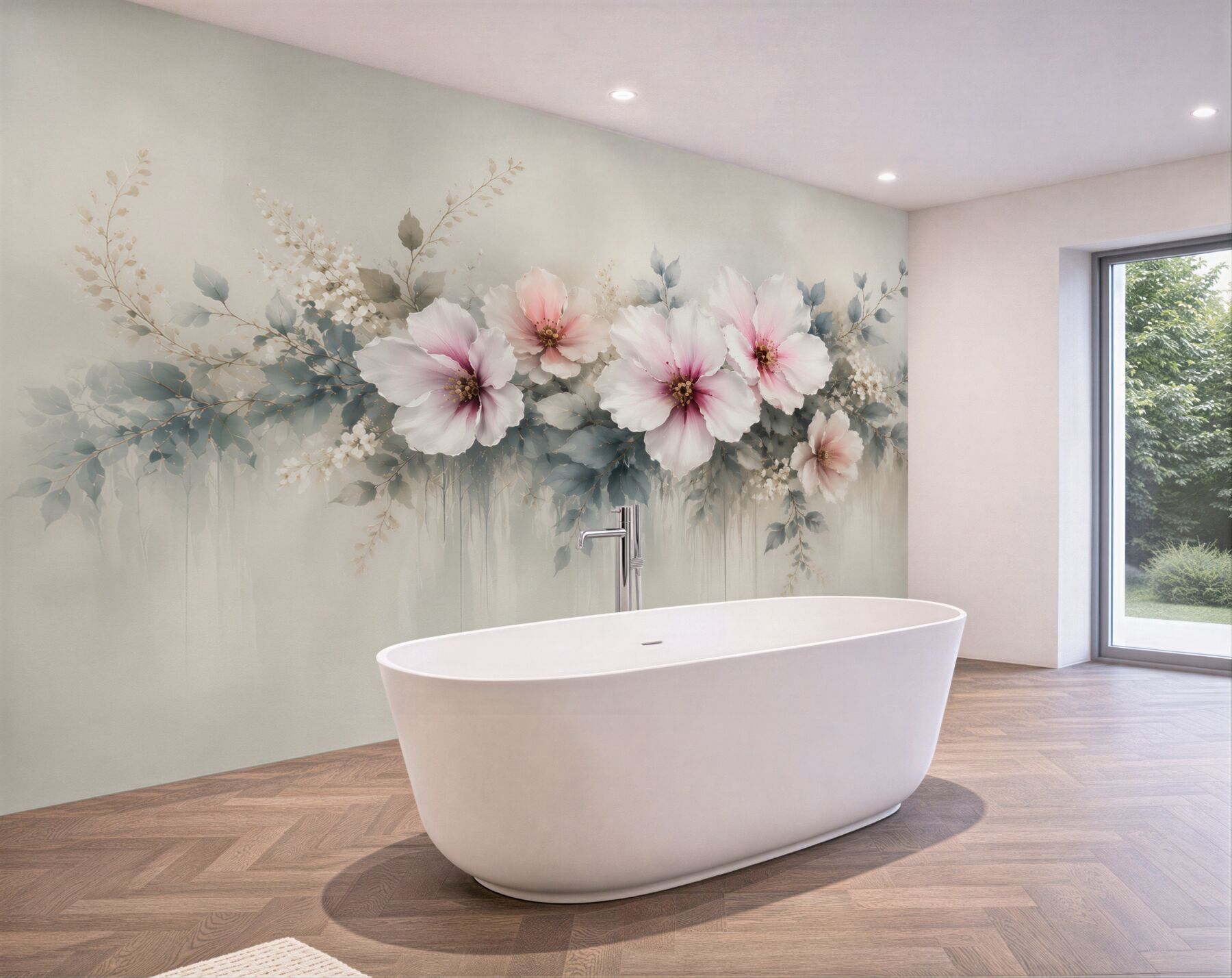 Fototapeta duże kwiaty hibiskusa pudrowy róż i szare liście elegancka?v23