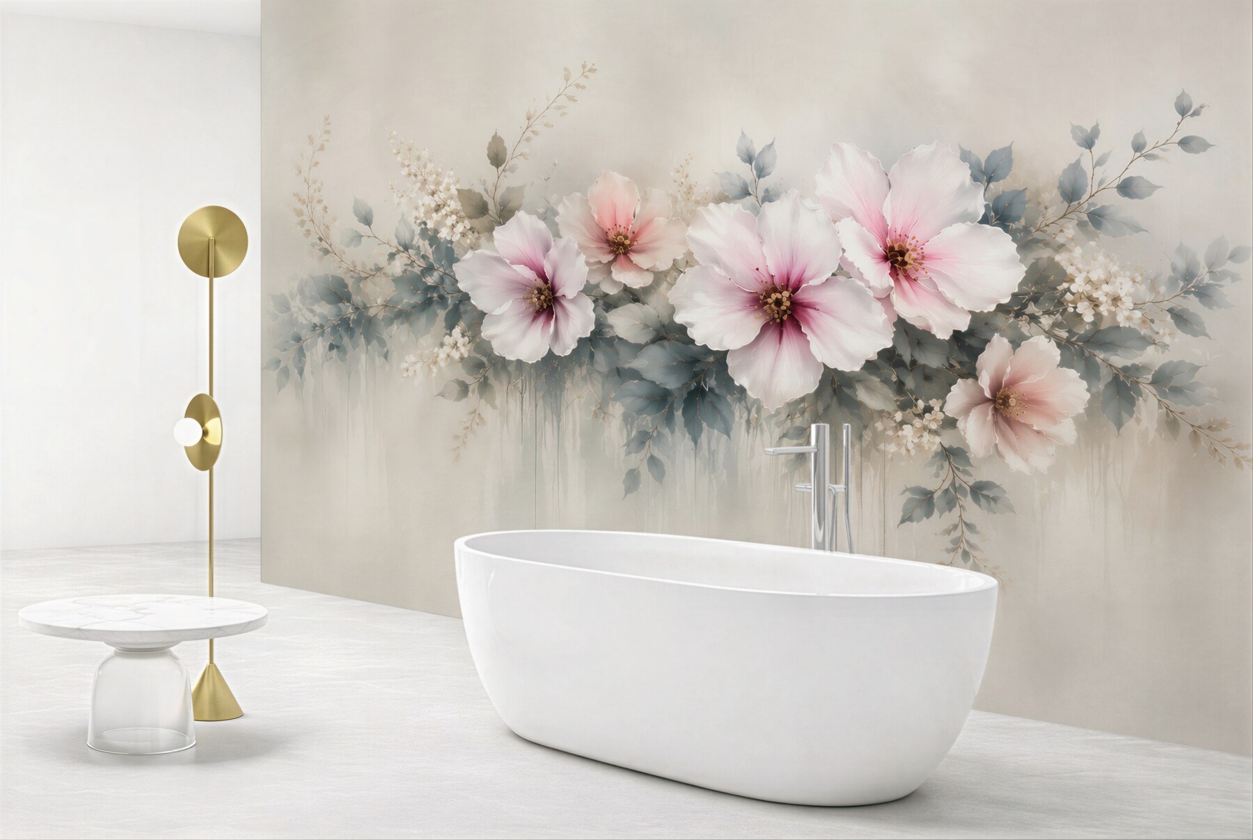 Fototapeta duże kwiaty hibiskusa pudrowy róż i szare liście elegancka?v23