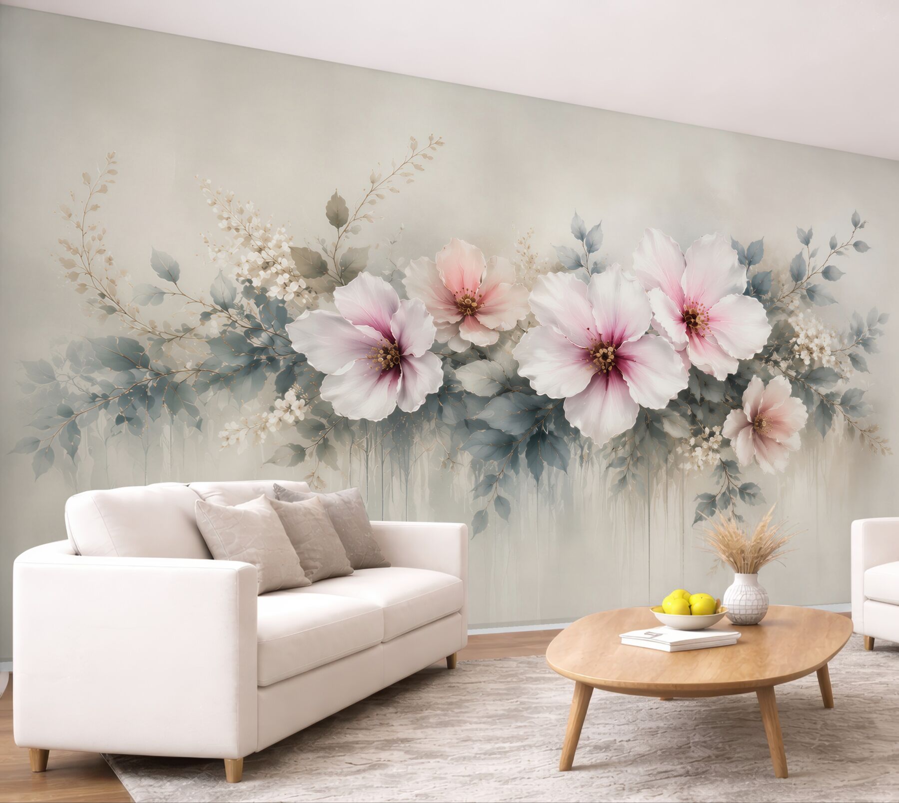 Fototapeta duże kwiaty hibiskusa pudrowy róż i szare liście elegancka?v23