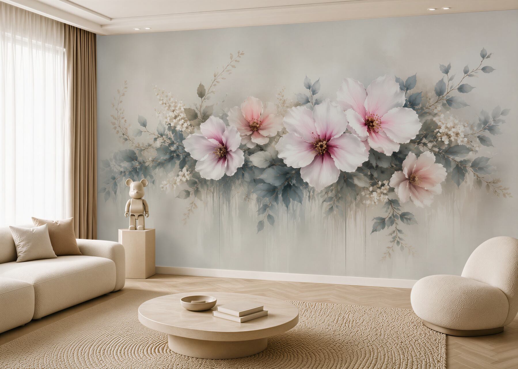 Fototapeta duże kwiaty hibiskusa pudrowy róż i szare liście elegancka?v23