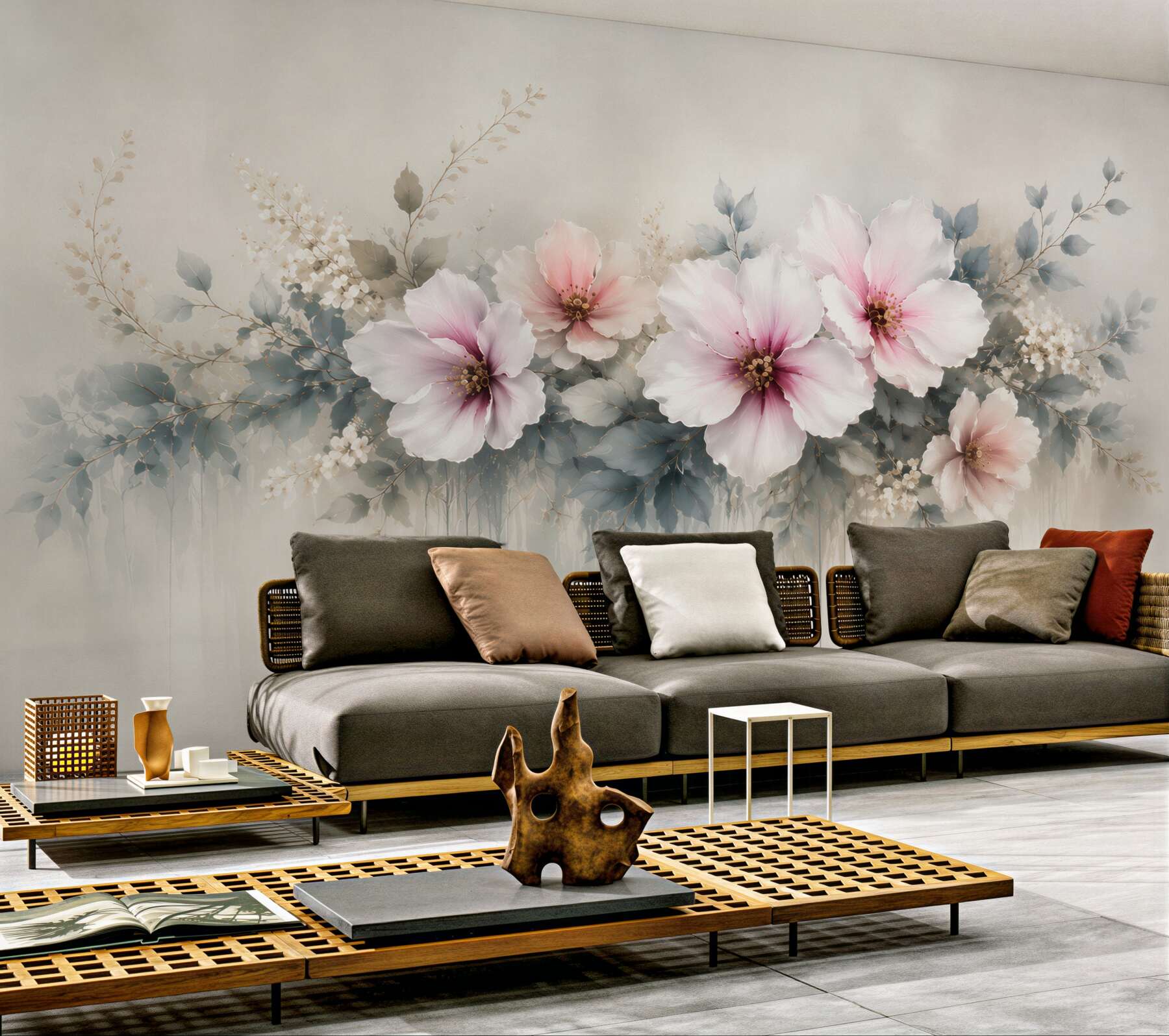 Fototapeta duże kwiaty hibiskusa pudrowy róż i szare liście elegancka?v23