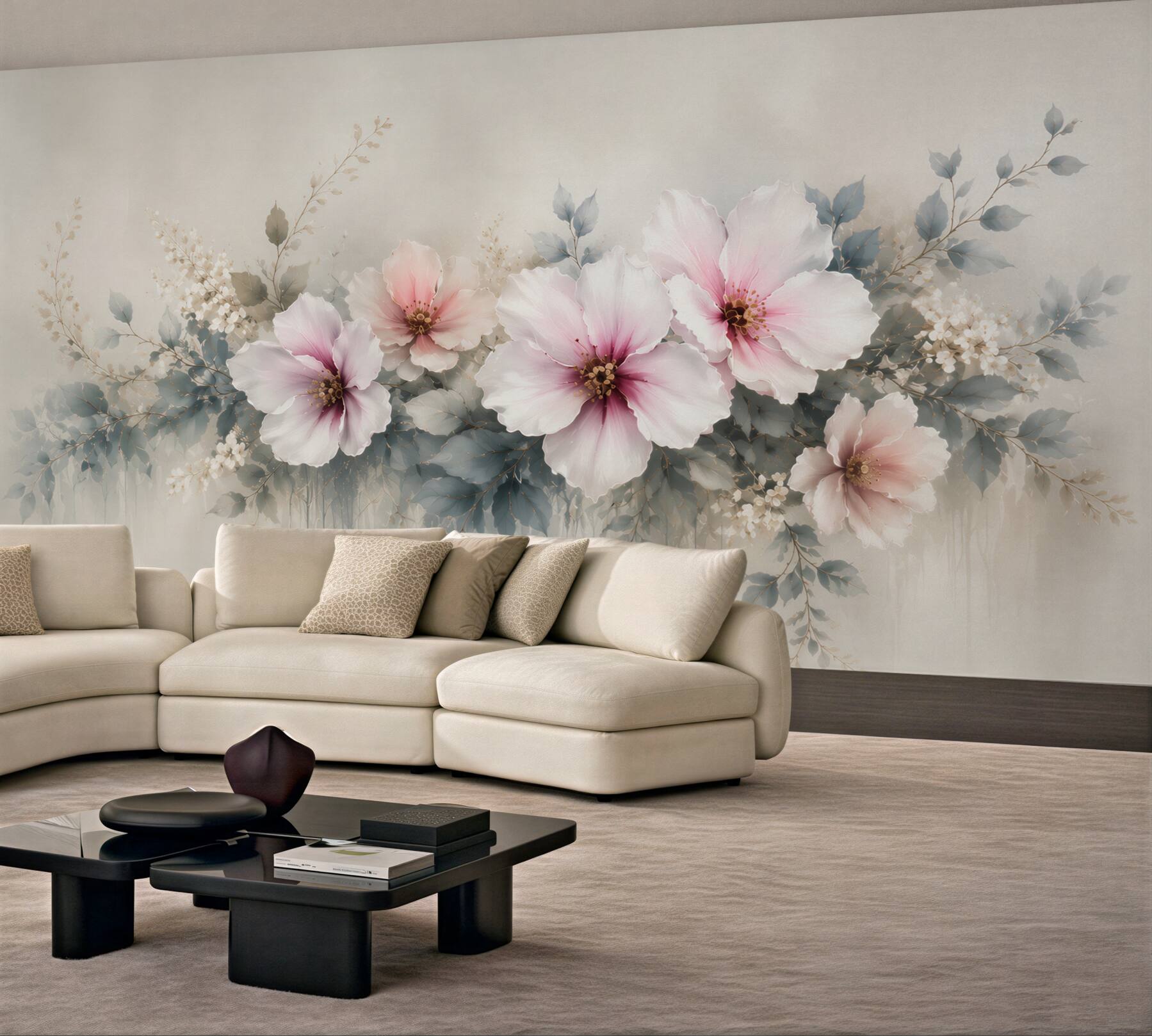 Fototapeta duże kwiaty hibiskusa pudrowy róż i szare liście elegancka?v23