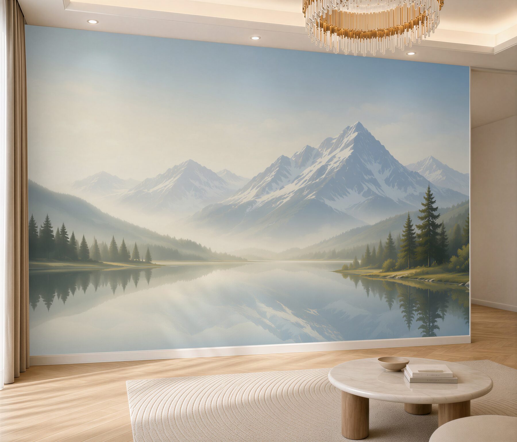 Fototapeta górski krajobraz z jeziorem i odbiciem w pastelowym świetle?v23