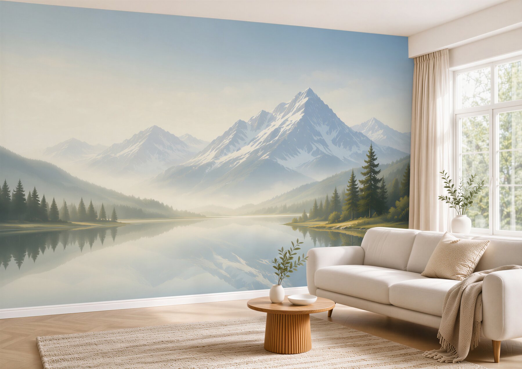 Fototapeta górski krajobraz z jeziorem i odbiciem w pastelowym świetle?v23