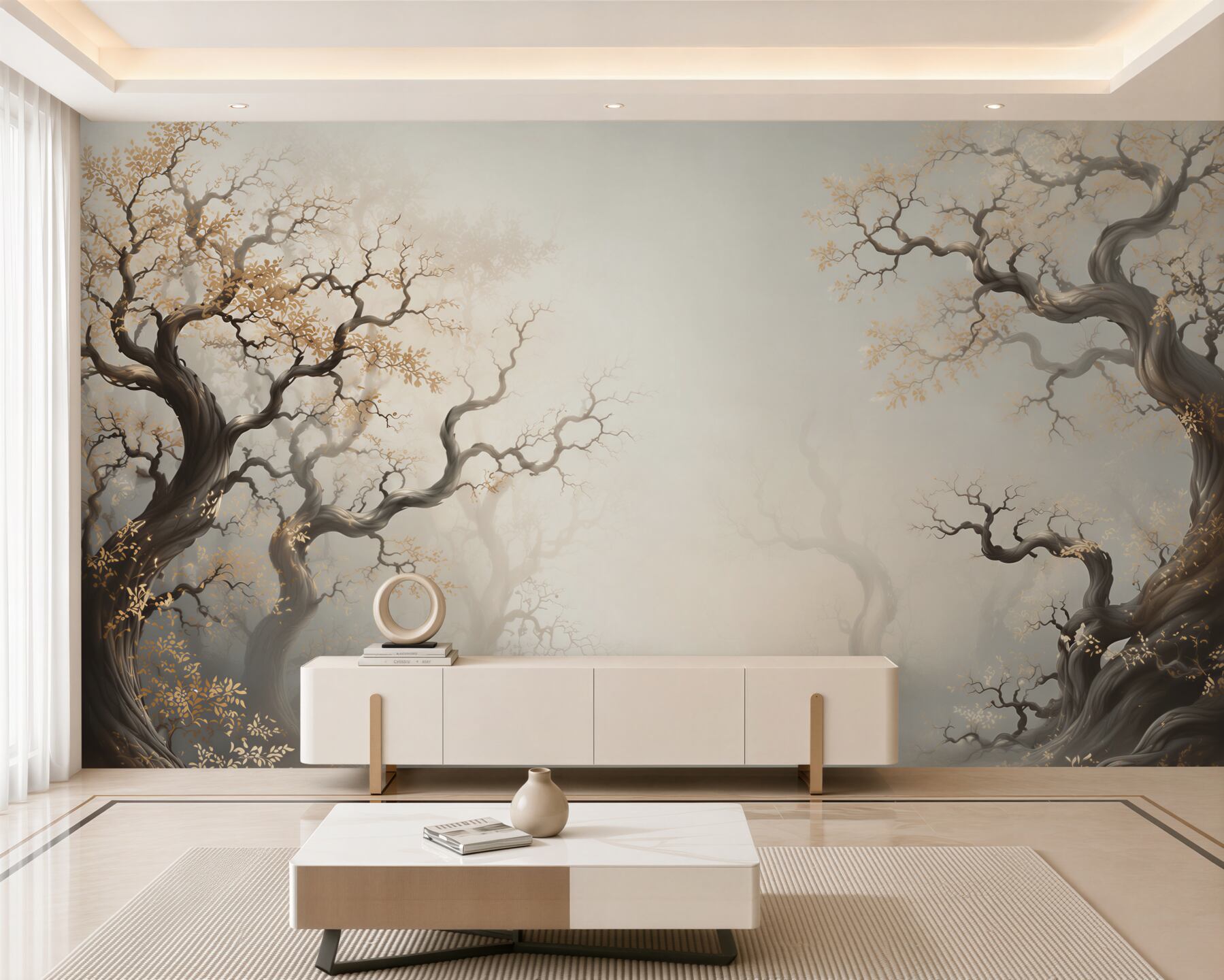 Fototapeta mistyczny las z poskręcanymi drzewami w beżowej mgle?v23