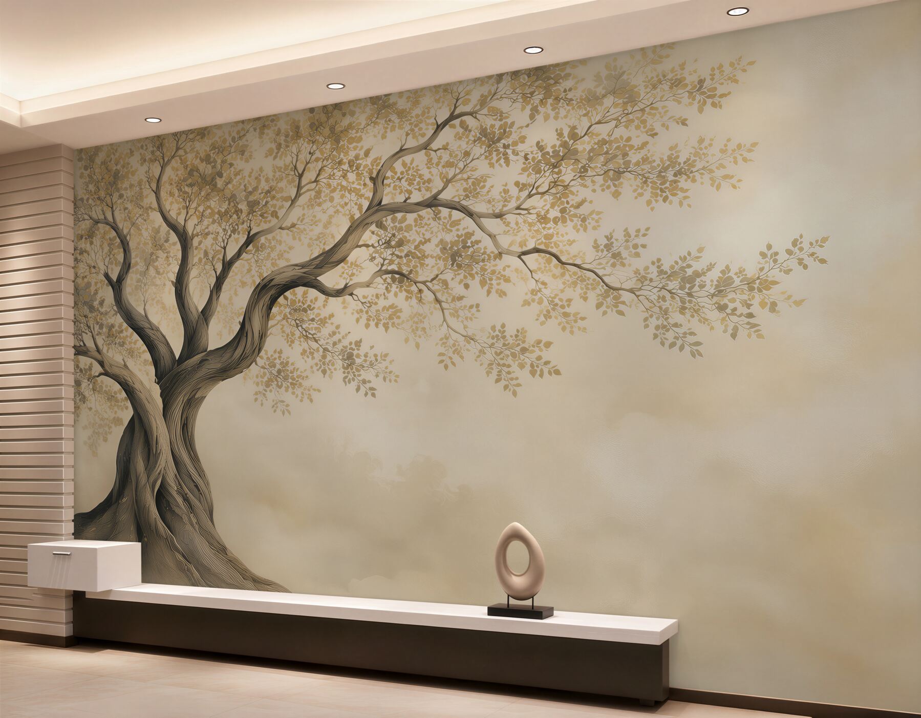 Fototapeta stylizowane drzewo z drobnymi liśćmi beżowe minimalistyczne?v23