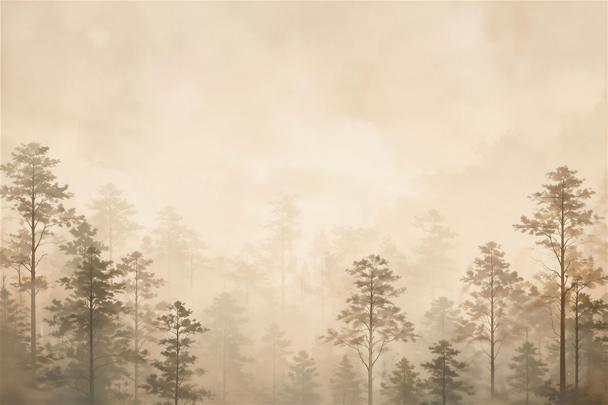 Fototapeta sosnowy las we mgle w jasnych sepia tonach