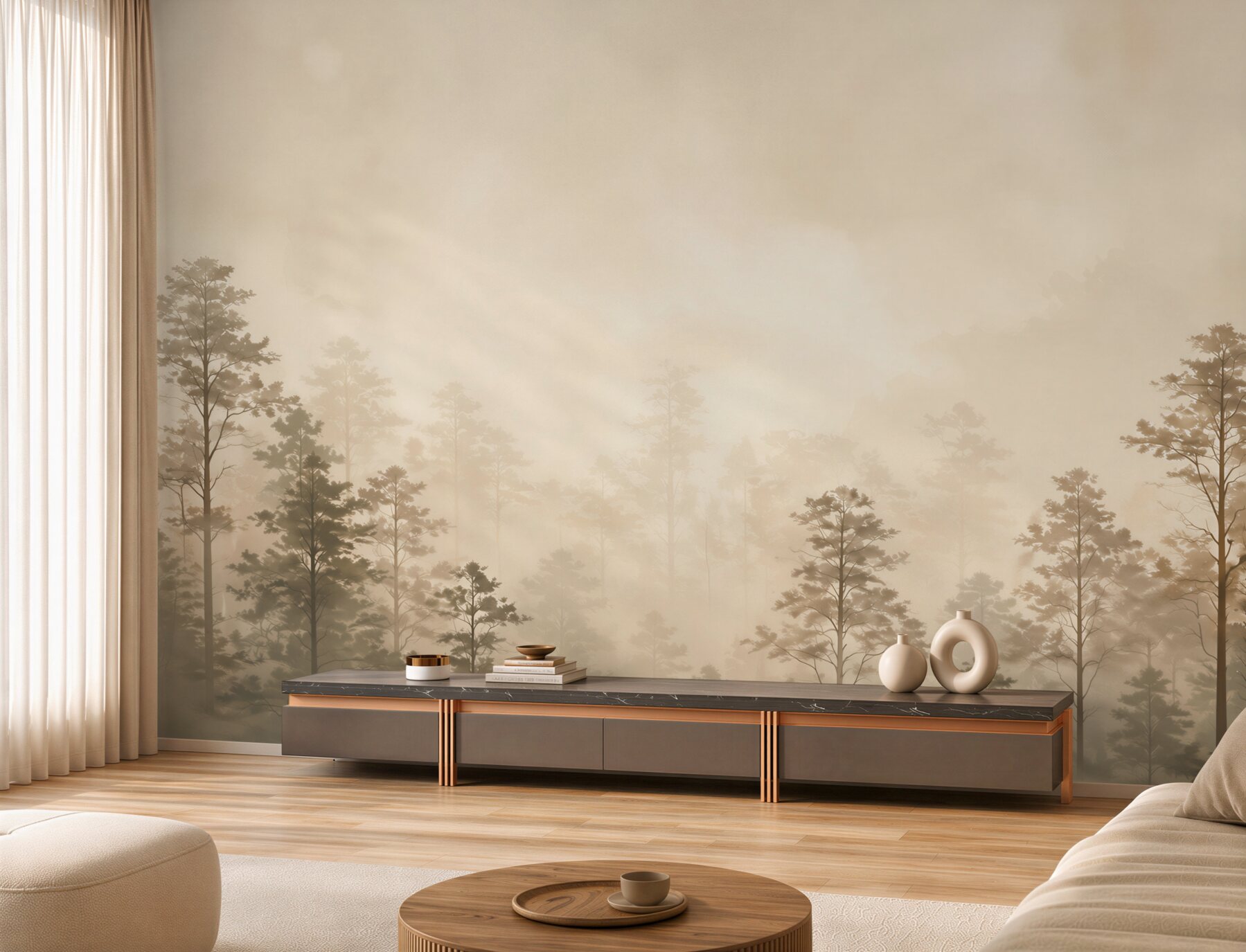 Fototapeta sosnowy las we mgle w jasnych sepia tonach?v23