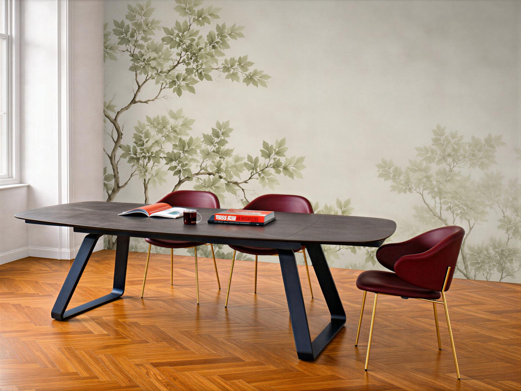 Fototapeta delikatne gałęzie z jasnymi liśćmi w beżowej mgle?v23