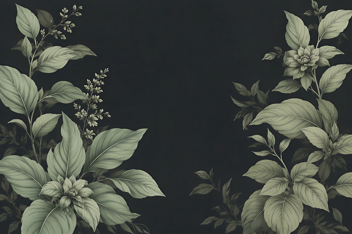 Fototapeta botaniczne liście i kwiaty na ciemnym tle elegancka